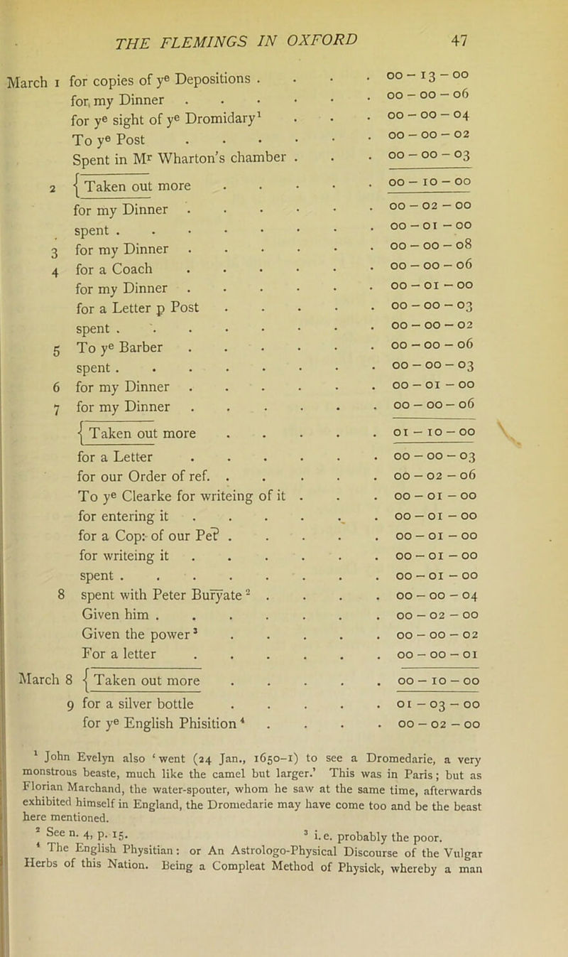 March 1 for copies of ye Depositions . . 00—13-00 for my Dinner . 00 - 00 - 06 for ye sight of ye Dromidary1 00 — 00 — 04 To ye Post . 00 — 00 — 02 Spent in Mr Wharton’s chamber . . 00 - 00 - 03 2 | Taken out more .... . 00 — 10 — 00 for my Dinner . . 00 - 02 — 00 spent . 00 — 01 — 00 3 for my Dinner . . . . • . 00 — 00 — 08 4 for a Coach . 00 — 00 — 06 for my Dinner ..... . 00 - 01 — 00 for a Letter p Post .... . 00 - 00 - 03 spent . 00-00 — 02 5 To ye Barber ..... . 00 - 00 - 06 spent ....... . 00 - 00 - 03 6 for my Dinner ..... . 00 - 01 - 00 7 for my Dinner ..... . 00 — 00 — 06 ■j Taken out more .... . 01 — TO - 00 for a Letter ..... . 00 - 00 - 03 for our Order of ref. .... . 00-02—06 To ye Clearke for writeing of it . . 00-01 - 00 for entering it .... . 00-01-00 for a Cop: of our Pe? .... . 00 - 01 - 00 for writeing it . 00-01-00 spent ....... . 00 - 01 - 00 8 spent with Peter Buryate2 . . 00 — 00-04 Given him ...... . 00 — 02 - 00 Given the power3 . OO — OO — 02 For a letter ..... . 00-00-01 March 8 { Taken out more .... . 00—10 — 00 9 for a silver bottle .... . 01-03 — 00 for ye English Phisition4 . . . 00 — 02 — 00 1 John Evelyn also ‘went (24 Jan., 1650-1) to see a Dromedarie, a very monstrous beaste, much like the camel but larger.’ This was in Paris; but as hlorian Marchand, the water-spouter, whom he saw at the same time, afterwards exhibited himself in England, the Dromedarie may have come too and be the beast here mentioned. * See n. 4, p. 15. 3 j_e pro^a^iy tjje p0or_ * The English Physitian: or An Astrologo-Physical Discourse of the Vulgar Herbs of this Nation, being a Compleat Method of Physick, whereby a man