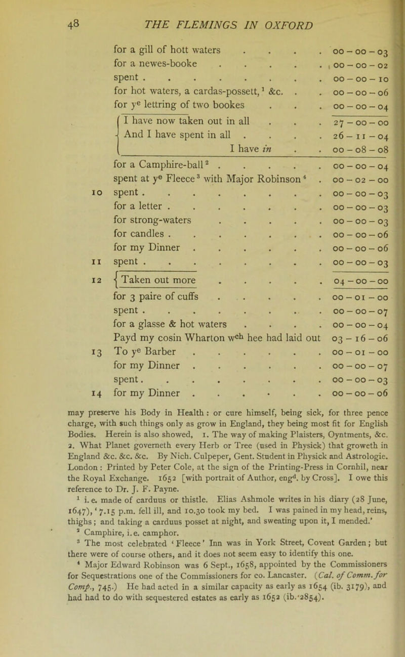 THE FLEMINGS IN OXFORD for a gill of hott waters . . . 00 - 00 - 03 for a newes-booke • . . ,00-00-02 spent . . OO — OO - IO for hot waters, a cardas-possett, 1 &c. . . 00-00-06 for ye lettring of two bookes . . . OO — OO-O4 I have now taken out in all , . . 27-OO-OO And I have spent in all . . . 26-II-O4 I have in . OO - 08 - 08 for a Camphire-ball2 . . . . CO — 00 - 04 spent at y® Fleece3 with Major Robinson4 . 00-02-00 IO spent ..... • . . 00 - 00 - 03 for a letter .... . . . 00 — 00 - 03 for strong-waters • . . 00 — 00-03 for candles .... . . . 00-00-06 for my Dinner . . . . 00 - 00 - 06 11 spent • . . 00-00-03 12 Taken out more . . . 04-00-00 for 3 paire of cuffs . . . 00-01 - 00 spent . . . 00 - 00 - 07 for a glasse & hot waters . . . 00-00-04 Payd my cosin Wharton wch hee had laid out 03-16-06 13 To ye Barber . . . 00 — 01 - 00 for my Dinner . . . 00 - 00 - 07 spent . . . 00 - 00 - 03 for my Dinner . • . . 00 — 00 — 06 may preserve his Body in Health : or cure himself, being sick, for three pence charge, with such things only as grow in England, they being most fit for English Bodies. Herein is also showed, i. The way of making Plaisters, Oyntments, &c. 2. What Planet govemeth every Herb or Tree (used in Physick) that groweth in England &c. &c. &c. By Nich. Culpeper, Gent. Student in Physick and Astrologie. London : Printed by Peter Cole, at the sign of the Printing-Press in Cornhil, near the Royal Exchange. 1652 [with portrait of Author, engd. by Cross]. I owe this reference to Dr. J. F. Payne. 1 i. e. made of carduus or thistle. Elias Ashmole writes in his diary (28 June, *647), ‘ 7.15 p.m. fell ill, and 10.30 took my bed. I was pained in my head, reins, thighs; and taking a carduus posset at night, and sweating upon it, I mended.’ 2 Camphire, i.e. camphor. 3 The most celebrated ‘ Fleece ’ Inn was in York Street, Covent Garden; but there were of course others, and it does not seem easy to identify this one. 4 Major Edward Robinson was 6 Sept., 1658, appointed by the Commissioners for Sequestrations one of the Commissioners for co. Lancaster. (Ca/. of Comm, for Comp., 745.) He had acted in a similar capacity as early as 1654 (ib- 3179)> aDci had had to do with sequestered estates as early as 1652 (^.'2854).