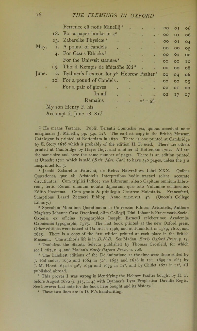 May. June. Ferrence cu notis Minellij * . . . 00 or 06 18. For a paper booke in 40 00 01 06 23- Zabarellse Physicae * . . . . 00 01 04 I. A pound of candels .... 00 00 05 4- For Casus Ethicks ’ . . . . 00 02 00 For the Univ^sit statutes * . . . 00 00 lO 15- Tho: k Kempis de imitadhe Xti “ . 00 00 08 2. Bythner’s Lexicon for y® Hebrew Psalter' 00 04 06 10. For a pound of Candels .... 00 00 05 For a pair of gloves .... 00 01 00 In all 02 17 07 Remains My son Henry F. his Accompt til June i8. 81.'' 23- 5d • He means Terence. Publii Terentii Comoedise sex, quibus accedunt notse marginales J. Minellii, pp. 540. 12°. The earliest copy in the British Museum Catalogue is printed at Rotterdam in 1670. There is one printed at Cambridge by E. Story 1676 which is probably of the edition H. F. used. There are others printed at Cambridge by Hayes 1692, and another at Rotterdam 1702. All are the same size and have the same number of pages. There is an edition printed at Utrecht 1721, which is said Mus. Cat.) to have 340 pages, unless the 3 is misprinted for 5. 3 Jacobi Zabarellse Patavini, de Rebvs Natvralibvs Libri XXX. Quibus Qusestiones, quae ab Aristotelis Interpretibus hodie tractari solent, accurate discutiuntur. Cum triplici Indice; vno Libromm, altero Capitum omnium Libro- rnm, tertio Rerum omnium notatu dignarum, quae toto Volnmine continentur. Editio Postrema. Cum gratia & priuilegio Caesareae Maiestatis. Francofurti, Sumptibus Lazari Zetzneri Bibliop. Anno m.dc.vii. 4“. (Queen’s College Library.) 3 Speculum Moralium Quaestionum in Universam Ethicen Aristotelis, Authore Magistro lohanne Caso Oxoniensi, olim Collegij Diui lohannis Praecursoris Socio. Oxoniae, ex ofiicina typographica losephi Bamesii celeberrimae Academiae Oxoniensis typographi, 1585. The first book printed at the new Oxford press. Other editions were issued at Oxford in 1596, and at Frankfort in 1589, 1610, and 1625. There is a copy of the first edition printed at each place in the British Museum. The author’s life is in D.N.B. See Madan, Early Oxford Press, p. 14. * Doubtless the Statuta Selecta published by Thomas Crosfield, for which see i. 287, n. 4, and Madan’s Early Oxford Press, p. 208. 3 The handiest editions of the De imitatione at the time were those edited by J. Bollandns, 1630 and 1664 in 32“, 1653 and 1638 in 12“, 1659 in 16®; by J. M. Horst 1644 in 32®, 1659 ''^75 *3®, and by Chiflet 1671 in 12®, all published abroad. ‘ This proves I was wrong in identifying the Hebrew Psalter bought by H. F. before August 1680 (i. 325, n. 4) with Bythner’s Lyra Prophetica Davidis Regis. See however that note for the book here bought and its history. ’ These two lines are in D. F.’s handwriting.