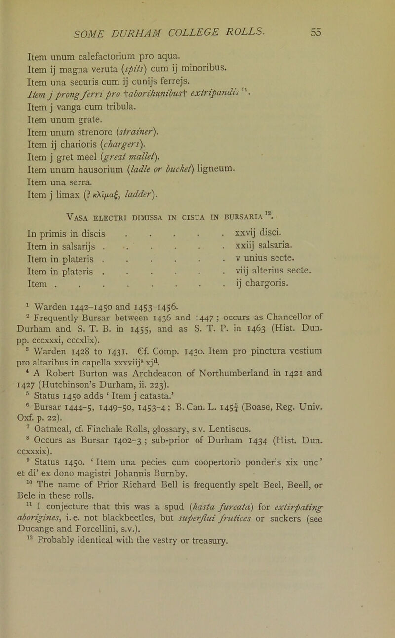 Item unum calefactorium pro aqua. Item ij magna veruta {spits) cum ij minoribus. Item una securis cum ij cunijs ferrejs. Item jprong ferripro ■\aborikunibusi extripandis Item j vanga cum tribula. Item unum grate. Item unum strenore {strainer). Item ij charioris {chargers). Item j gret meel {great mallei). Item unum hausorium {ladle or bucket) ligneum. Item una serra. Item j Umax {? ladder). Vasa electri dimissa in cista in bursaria In primis in discis Item in salsarijs . Item in plateris . Item in plateris . Item . xxvij disci, xxiij salsaria. V unius secte. viij alterius secte. ij chargoris. ^ Warden 1442-1450 and 1453-1456. ^ Frequently Bursar between 1436 and 1447 ; occurs as Chancellor of Durham and S. T. B. in 1455, and as S. T. P. in 1463 (Hist. Dun. pp. cccxxxi, cccxlix). ’ Warden 1428 to 1431. Cf. Comp. 1430. Item pro pinctura vestium pro altaribus in capella xxxviij® xj^. * A Robert Burton was Archdeacon of Northumberland in 1421 and 1427 (Hutchinson’s Durham, ii. 223). ® Status 1450 adds ‘ Item j catasta.’ ® Bursar 1444-5, 1449-5°) I4S3-4; B. Can. L, 145^ (Boase, Reg. Univ. Oxf. p. 22). ’ Oatmeal, cf. Finchale Rolls, glossary, s.v. Lentiscus. ® Occurs as Bursar 1402-3 ; sub-prior of Durham 1434 (Hist. Dun. ccxxxix). ° Status 1450. ‘ Item una pecies cum coopertorio ponderis xix unc ’ et di’ ex dono magistri Johannis Burnby. The name of Prior Richard Bell is frequently spelt Beel, Beell, or Bele in these rolls. ” I conjecture that this was a spud [hasia furcata) for extirpating aborigmes, i.e. not blackbeetles, but superflui frutices or suckers (see Ducange and Forcellini, s.v.). Probably identical with the vestry or treasury.