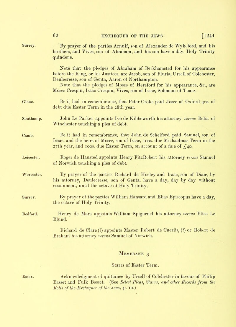 Glouc. Southamp. Camb. Leicester. Worcester. Surrey. Bedford. 62 EXCHEQUER OF THE JEWS [1244 brothers, and Vives, son of Abraham, and his son have a day, Holy Trinity quindene. Note that the pledges of Abraham of Berkhamsted for his appearance before the King, or his Justices, are Jacob, son of Fluria, Ursell of Colchester, Deulecresse, son of Genta, Aaron of Northampton. Note that the pledges of Moses of Hereford for his appearance, &c., are Moses Crespin, Isaac Crespin, Vives, son of Isaac, Solomon of Tuarz. Be it had in remembrance, that Peter Croke paid Josce of Oxford 40s. of debt due Easter Term in the 28th year. John Le Parker appoints Ivo de Kibbewurtli his attorney versus Belia of Winchester touching a plea of debt. Be it had in remembrance, that John de Schelford paid Samuel, son of Isaac, and the heirs of Moses, son of Isaac, 100s. due Michaelmas Term in the 27th year, and 100s. due Easter Term, on account of a fine of £40. Roger de Hausted appoints Henry FitzRobert his attorney versus Samuel of Norwich touching a plea of debt. By prayer of the parties Richard de Hocley and Isaac, son of Diaie, by his attorney, Deulecresse, son of Genta, have a day, day by day without essoinment, until the octave of Holy Trinity. By prayer of the parties William Hansard and Elias Episcopus have a day, the octave of Holy Trinity. Henry de Mara appoints William Spigurnel his attorney versus Elias Le Blund. Richard de Clare (?) appoints Master Robert de Cueriis, (?) or Robert de Braham his attorney versus Samuel of Norwich. Membrane 3 Starrs of Easter Term. Acknowledgment of quittance by Ursell of Colchester in favour of Philip Basset and Fulk Basset. (See Select Pleas, Starrs, and other Records from the Rolls of the Exchequer of the Jews, p. 10.) Essex.