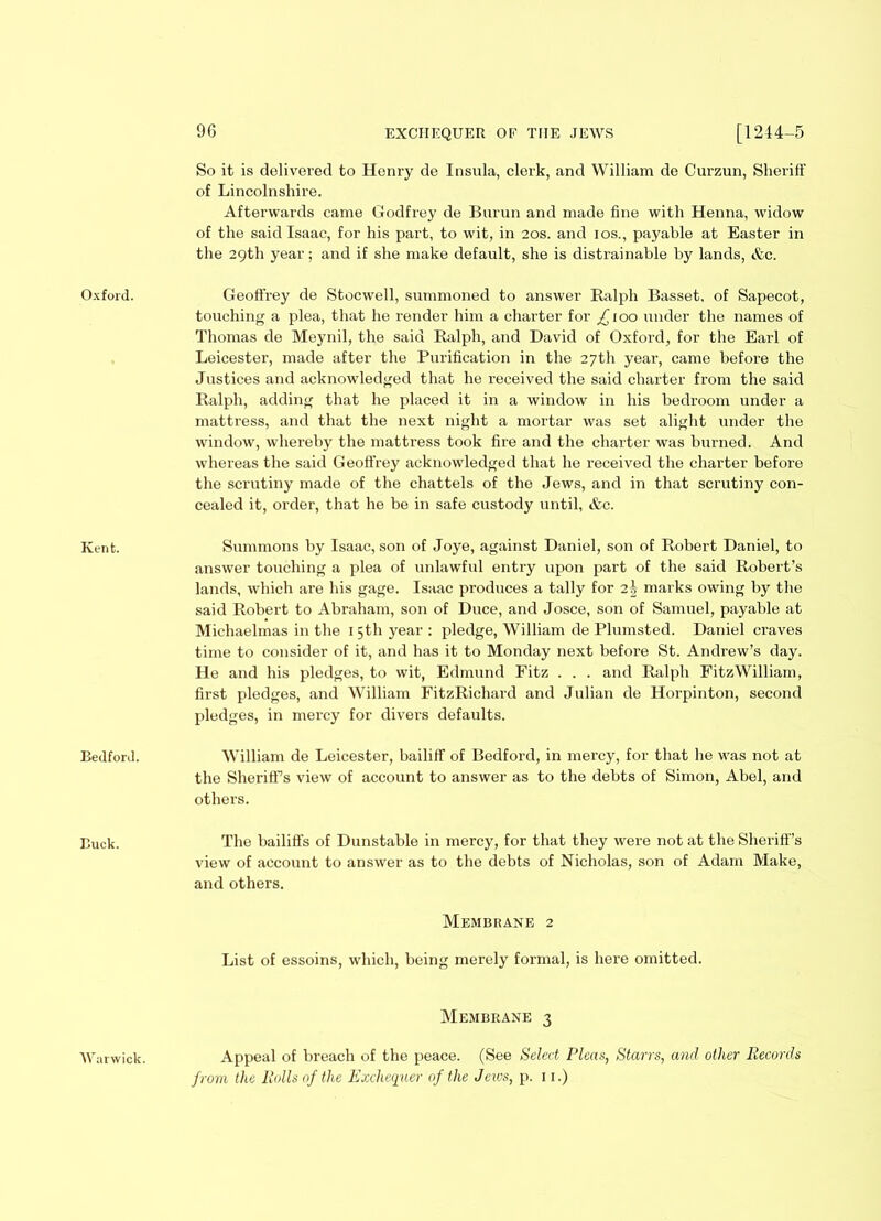 Kent. Bedford. Buck. 96 EXCHEQUER OF THE JEWS [1244-5 So it is delivered to Henry de Insula, clerk, and William de Curzun, Sheriff of Lincolnshire. Afterwards came Godfrey de Burun and made fine with Henna, widow of the said Isaac, for his part, to wit, in 20s. and ios., payable at Easter in the 29th year; and if she make default, she is distrainable by lands, &c. touching a plea, that he render him a charter for ^100 under the names of Thomas de Meynil, the said Ralph, and David of Oxford, for the Earl of Leicester, made after the Purification in the 27th year, came before the Justices and acknowledged that he received the said charter from the said Ralph, adding that he placed it in a window in his bedroom under a mattress, and that the next night a mortar was set alight under the window, whereby the mattress took fire and the charter was burned. And whereas the said Geoffrey acknowledged that he received the charter before the scrutiny made of the chattels of the Jews, and in that scrutiny con- cealed it, order, that he be in safe custody until, &c. Summons by Isaac, son of Joye, against Daniel, son of Robert Daniel, to answer touching a plea of unlawful entry upon part of the said Robert’s lands, which are his gage. Isaac produces a tally for 2! marks owing by the said Robert to Abraham, son of Duce, and Josce, son of Samuel, payable at Michaelmas in the 15th year: pledge, William de Plumsted. Daniel craves time to consider of it, and has it to Monday next before St. Andrew’s day. He and his pledges, to wit, Edmund Fitz . . . and Ralph FitzWilliam, first pledges, and William FitzRichard and Julian de Horpinton, second pledges, in mercy for divers defaults. William de Leicester, bailiff of Bedford, in mercy, for that he was not at the Sheriff’s view of account to answer as to the debts of Simon, Abel, and others. The bailiffs of Dunstable in mercy, for that they were not at the Sheriff’s view of account to answer as to the debts of Nicholas, son of Adam Make, and others. Membrane 2 List of essoins, which, being merely formal, is here omitted. Membrane 3 Appeal of breach of the peace. (See Select Pleas, Starrs, and other Records from the Rolls of the Exchequer of the Jeivs, p. 11.) Warwick.