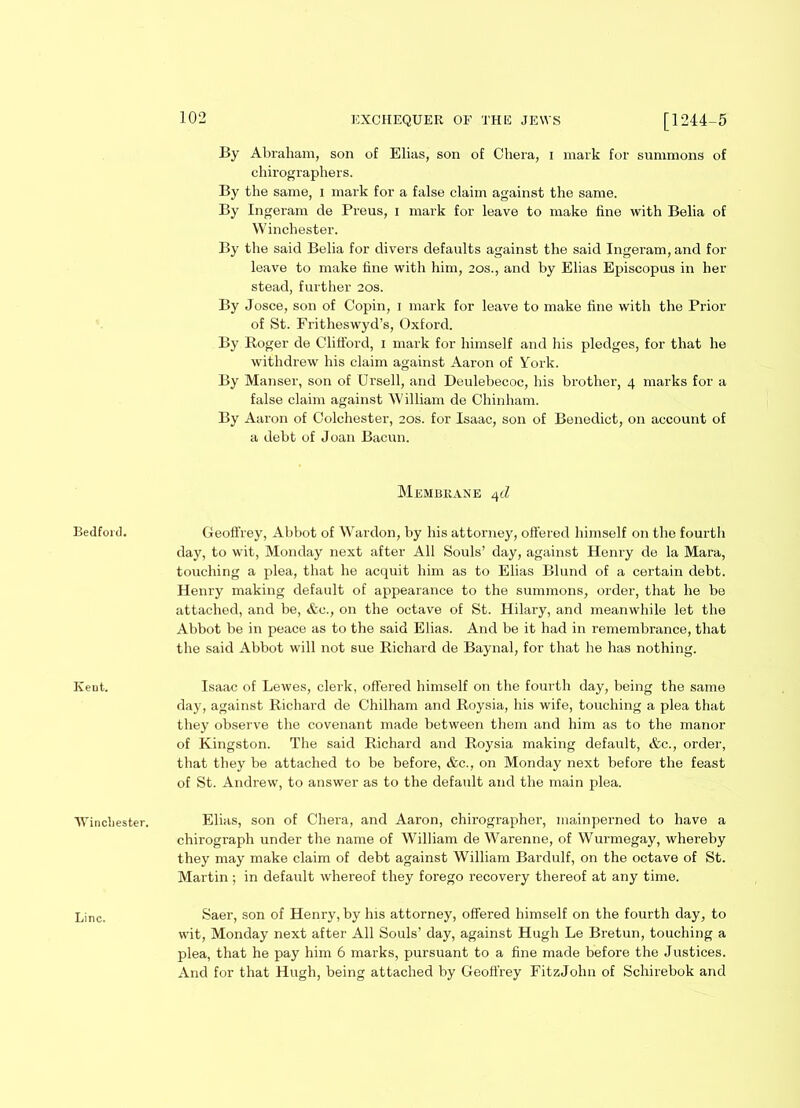 Bedford. Keut. Winchester. Line. 102 EXCHEQUER OF THE JEWS [1244-5 By Abraham, son of Elias, son of Ohera, i mark for summons of chirographers. By the same, i mark for a false claim against the same. By Ingeram de Preus, i mark for leave to make line with Belia of Winchester. By the said Belia for divers defaults against the said Ingeram, and for leave to make fine with him, 20s., and by Elias Episcopus in her stead, further 20s. By Josce, son of Copin, i mark for leave to make fine with the Prior of St. Fritheswyd’s, Oxford. By Roger de Clifford, 1 mark for himself and his pledges, for that he withdrew his claim against Aaron of York. By Manser, son of Ursell, and Deulebecoc, his brother, 4 marks for a false claim against William de Chinham. By Aaron of Colchester, 20s. for Isaac, son of Benedict, on account of a debt of Joan Bacun. Membrane 4cl Geoffrey, Abbot of Wardon, by his attorney, offered himself on the fourth day, to wit, Monday next after All Souls’ day, against Henry de la Mara, touching a plea, that he acquit him as to Elias Blund of a certain debt. Henry making default of appearance to the summons, order, that he be attached, and be, &c., on the octave of St. Hilary, and meanwhile let the Abbot be in peace as to the said Elias. And be it had in remembrance, that the said Abbot will not sue Richard de Baynal, for that he has nothing. Isaac of Lewes, clerk, offered himself on the fourth day, being the same day, against Richard de Chilham and Roysia, his wife, touching a plea that they observe the covenant made between them and him as to the manor of Kingston. The said Richard and Roysia making default, &c., order, that they be attached to be before, &c., on Monday next before the feast of St. Andrew, to answer as to the default and the main plea. Elias, son of Chera, and Aaron, chirographer, mainperned to have a chirograph under the name of William de Warenne, of Wurmegay, whereby they may make claim of debt against William Bardulf, on the octave of St. Martin; in default whereof they forego recovery thereof at any time. Saer, son of Henry, by his attorney, offered himself on the fourth day, to wit, Monday next after All Souls’ day, against Hugh Le Bretun, touching a plea, that he pay him 6 marks, pursuant to a fine made before the Justices. And for that Hugh, being attached by Geoffrey FitzJohn of Schirebok and