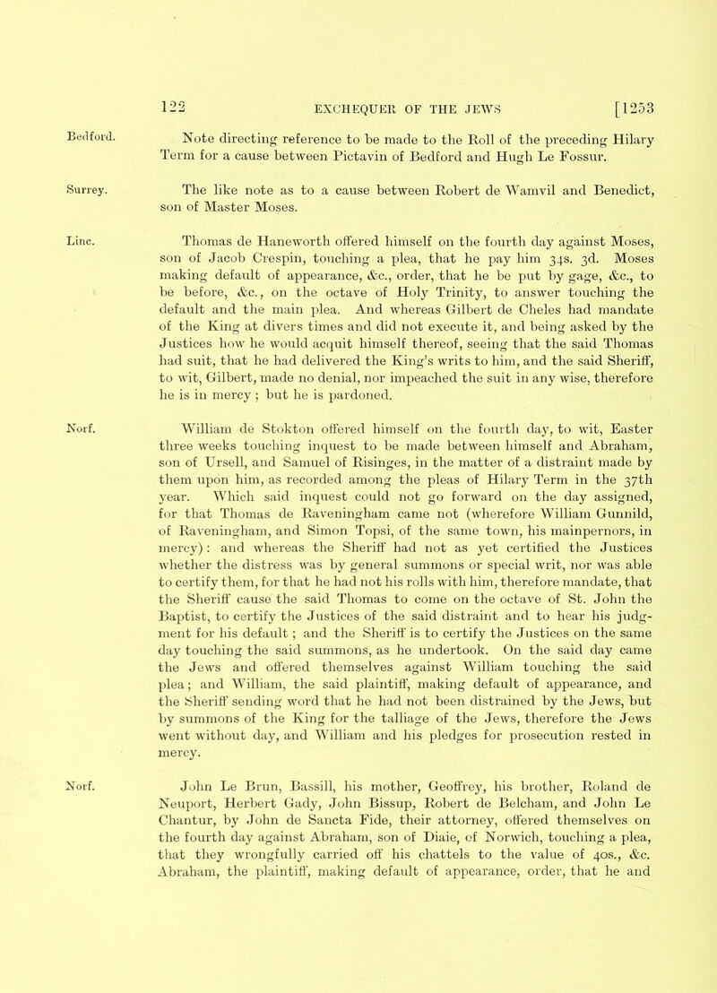 Bedford. Surrey. Line. Norf. Norf. 122 EXCHEQUER OF THE JEWS [1253 Note directing reference to be made to the Roll of the preceding Hilary Term for a cause between Pictavin of Bedford and Hugh Le Fossur. The like note as to a cause between Robert de Wamvil and Benedict, son of Master Moses. Thomas de Haneworth offered himself on the fourth day against Moses, son of Jacob Crespin, touching a plea, that he pay him 34s. 3d. Moses making default of appearance, &c., order, that he be put by gage, &c., to be before, &c., on the octave of Holy Trinity, to answer touching the default and the main plea. And whereas Gilbert de Cheles had mandate of the King at divers times and did not execute it, and being asked by the Justices how he would acquit himself thereof, seeing that the said Thomas had suit, that he had delivered the King’s writs to him, and the said Sheriff, to wit, Gilbert, made no denial, nor impeached the suit in any wise, therefore he is in mercy ; but he is pardoned. William de Stokton offered himself on the fourth day, to wit, Easter three weeks touching inquest to be made between himself and Abraham, son of Ursell, and Samuel of Risinges, in the matter of a distraint made by them upon him, as recorded among the pleas of Hilary Term in the 37th year. Which said inquest could not go forward on the day assigned, for that Thomas de Raveningham came not (wherefore William Gunnild, of Raveningham, and Simon Topsi, of the same town, his mainpernors, in mercy): and whereas the Sheriff had not as yet certified the Justices whether the distress was by general summons or special writ, nor was able to certify them, for that he had not his rolls with him, therefore mandate, that the Sheriff cause the said Thomas to come on the octave of St. John the Baptist, to certify the Justices of the said distraint and to hear his judg- ment for his default; and the Sheriff is to certify the Justices on the same day touching the said summons, as he undertook. On the said day came the Jews and offered themselves against William touching the said plea; and William, the said plaintiff, making default of appearance, and the Sheriff sending word that he had not been distrained by the Jews, but by summons of the King for the talliage of the Jews, therefore the Jews went without day, and William and his pledges for prosecution rested in mercy. John Le Brun, Bassill, his mother, Geoffrey, his brother, Roland de Neuport, Herbert Gady, John Bissup, Robert de Belcham, and John Le Chantur, by John de Sancta Fide, their attorney, offered themselves on the fourth day against Abraham, son of Diaie, of Norwich, touching a plea, that they wrongfully carried oft' his chattels to the value of 40s., &c. Abraham, the plaintiff, making default of appearance, order, that he and