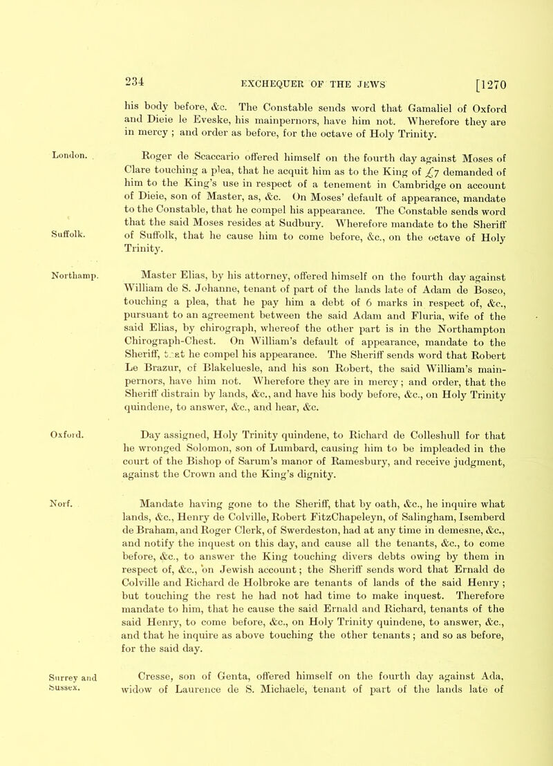 Suffolk. Northamp. Oxford. Norf. Surrey and Sussex. 234 EXCHEQUER OF THE JEWS [1270 his body before, &c. The Constable sends word that Gamaliel of Oxford and Dieie le Eveske, his mainpernors, have him not. Wherefore they are in mercy ; and order as before, for the octave of Holy Trinity. Roger de Scaccario offered himself on the fourth day against Moses of Clare touching a plea, that he acquit him as to the King of demanded of him to the King’s use in respect of a tenement in Cambridge on account of Dieie, son of Master, as, &c. On Moses’ default of appearance, mandate to the Constable, that he compel his appearance. The Constable sends word that the said Moses resides at Sudbury. Wherefore mandate to the Sheriff of Suffolk, that he cause him to come before, &c., on the octave of Holy Trinity. Master Elias, by his attorney, offered himself on the fourth day against William de S. Johanne, tenant of part of the lands late of Adam de Bosco, touching a plea, that he pay him a debt of 6 marks in respect of, &c., pursuant to an agreement between the said Adam and Fluria, wife of the said Elias, by chirograph, whereof the other part is in the Northampton Chirograph-Chest. On William’s default of appearance, mandate to the Sheriff, t_ at he compel his appearance. The Sheriff sends word that Robert Le Brazur, cf Blakeluesle, and his son Robert, the said William’s main- pernors, have him not. Wherefore they are in mercy; and order, that the Sheriff distrain by lands, &c., and have his body before, &c., on Holy Trinity quindene, to answer, &c., and hear, &c. Day assigned, Holy Trinity quindene, to Richard de Collesliull for that he wronged Solomon, son of Lumbard, causing him to be impleaded in the court of the Bishop of Sarum’s manor of Ramesbury, and receive judgment, against the Crown and the King’s dignity. Mandate having gone to the Sheriff, that by oath, &c., he inquire what lands, &c., Henry de Colville, Robert FitzChapeleyn, of Salingham, Isemberd de Braham, and Roger Clerk, of Swerdeston, had at any time in demesne, &c., and notify the inquest on this day, and cause all the tenants, &c., to come before, &c., to answer the King touching divers debts owing by them in respect of, &c., on Jewish account; the Sheriff sends word that Ernald de Colville and Richard de Holbroke are tenants of lands of the said Henry; but touching the rest he had not had time to make inquest. Therefore mandate to him, that he cause the said Ernald and Richard, tenants of the said Henry, to come before, &c., on Holy Trinity quindene, to answer, &c., and that he inquire as above touching the other tenants ; and so as before, for the said day. Cresse, son of Genta, offered himself on the fourth day against Ada, widow of Laurence de S. Michaele, tenant of part of the lands late of