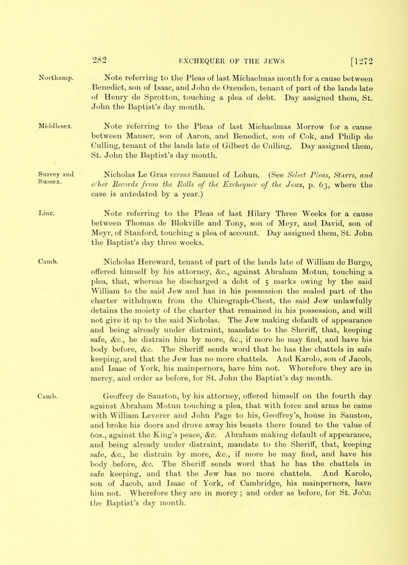 Middlesex. Surrey and Sussex. Line. Canib. Camb. 282 EXCHEQUER OF THE JEWS [1272 Benedict, son of Isaac, and John de Oxenclen, tenant of part of the lands late of Henry de Sprotton, touching a plea of debt. Day assigned them, St. John the Baptist’s day month. Note referring to the Pleas of last Michaelmas Morrow for a cause between Manser, son of Aaron, and Benedict, son of Cok, and Philip de Culling, tenant of the lands late of Gilbert de Culling. Day assigned them, St. John the Baptist’s day month. Nicholas Le Gras versus Samuel of Lohun. (See Select Pleas, Starrs, and o'her Records from, the Rolls of the Exchequer of the Jews, p. 63, where the case is antedated by a year.) Note referring to the Pleas of last Hilary Three Weeks for a cause between Thomas de Blokville and Tony, son of Meyr, and David, son of Meyr, of Stanford, touching a plea of account. Day assigned them, St. John the Baptist’s day three weeks. Nicholas Hereward, tenant of part of the lands late of William de Burgo, offered himself by his attorney, &c., against Abraham Motun, touching a plea, that, whereas he discharged a debt of 5 marks owing by the said William to the said Jew and has in his possession the sealed part of the charter withdrawn from the Chirograph-Chest, the said Jew unlawfully detains the moiety of the charter that remained in his possession, and will not give it up to the said Nicholas. The Jew making default of appearance and being already under distraint, mandate to the Sheriff, that, keeping safe, &c., he distrain him by more, &c., if more he may find, and have his body before, &c. The Sheriff sends word that he has the chattels in safe keeping, and that the Jew has no more chattels. And Karolo, son of Jacob, and Isaac of York, his mainpernors, have him not. Wherefore they are in mercy, and order as before, for St. John the Baptist’s day month. Geoffrey de Sauston, by his attorney, offered himself on the fourth day against Abraham Motun touching a plea, that with force and arms he came with William Leverer and John Page to his, Geoffrey’s, house in Sauston, and broke his doors and drove away his beasts there found to the value of 60s., against the King’s peace, &c. Abraham making default of appearance, and being already under distraint, mandate to the Sheriff, that, keeping safe, &c., he distrain by more, &e., if more he may find, and have his body before, &c. The Sheriff sends word that he has the chattels in safe keeping, and that the Jew has no more chattels. And Karolo, son of Jacob, and Isaac of York, of Cambridge, his mainpernors, have him not. Wherefore they are in mercy ; and order as before, for St. John the Baptist’s day month.