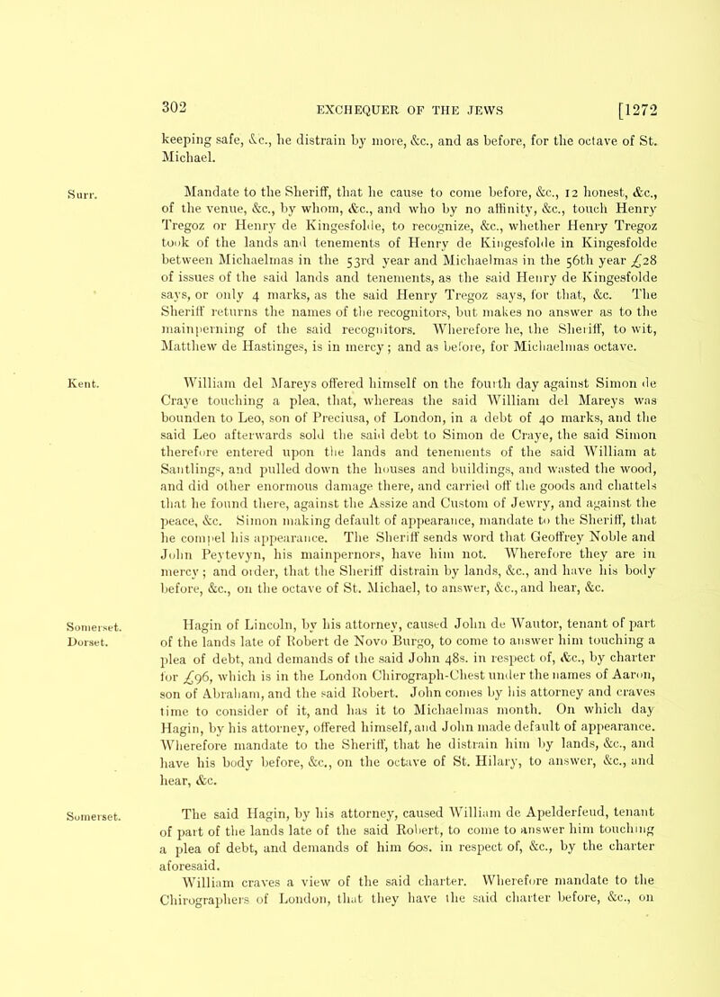 keeping safe, &c., he distrain by more, &c., and as before, for the octave of St. Michael. Sun-. Mandate to the Sheriff, that he cause to come before, &c., 12 honest, &c., of the venue, &c., by whom, <frc., and who by no affinity, &c., touch Henry Tregoz or Henry de Kingesfohle, to recognize, &c., whether Henry Tregoz took of the lands and tenements of Henry de Kingesfohle in Kingesfolde between Michaelmas in the 53rd year and Michaelmas in the 56th year ,£28 of issues of the said lands and tenements, as the said Henry de Kingesfolde says, or only 4 marks, as the said Henry Tregoz says, for that, &c. The Sheriff returns the names of the recognitors, but makes no answer as to the mainperning of the said recognitors. Wherefore he, the Sheriff, to wit, Matthew de llastinges, is in mercy; and as before, for Mieliaelmas octave. Kent. William del Mareys offered himself on the fourth day against Simon de Craye touching a plea, that, whereas the said William del Mareys was bounden to Leo, son of Preciusa, of London, in a debt of 40 marks, and the said Leo afterwards sold the said debt to Simon de Craye, the said Simon therefore entered upon the lands and tenements of the said William at Santlings, and pulled down the houses and buildings, and wasted the wood, and did other enormous damage there, and carried off the goods and chattels that he found there, against the Assize and Custom of Jewry, and against the peace, &c. Simon making default of appearance, mandate to the Sheriff, that he compel his appearance. The Sheriff sends word that Geoffrey Noble and John Peytevyn, his mainpernors, have him not. Wherefore they are in mercy; and older, that the Sheriff distrain by lands, &c., and have his body before, &c., on the octave of St. Michael, to answer, &c., and hear, &c. Somerset. Dorset. Hagin of Lincoln, by his attorney, caused John de Wautor, tenant of part of the lands late of Robert de Novo Burgo, to come to answer him touching a plea of debt, and demands of the said John 48s. in respect of, Ac., by charter for ^96, which is in the London Chirograph-Chest under the names of Aaron, son of Abraham, and the said Robert. John comes by his attorney and craves time to consider of it, and has it to Michaelmas month. On which day Hagin, by his attorney, offered himself, and John made default of appearance. Wherefore mandate to the Sheriff, that he distrain him by lands, &c., and have his body before, &c., on the octave of St. Hilary, to answer, &c., and hear, &c. Somerset. The said Hagin, by his attorney, caused William de Apelderfeud, tenant of part of the lands late of the said Robert, to come to answer him touching a plea of debt, and demands of him 60s. in respect of, &c., by the charter aforesaid. William craves a view of the said charter. Wherefore mandate to the Chirographers of London, that they have the said charter before, &c., on