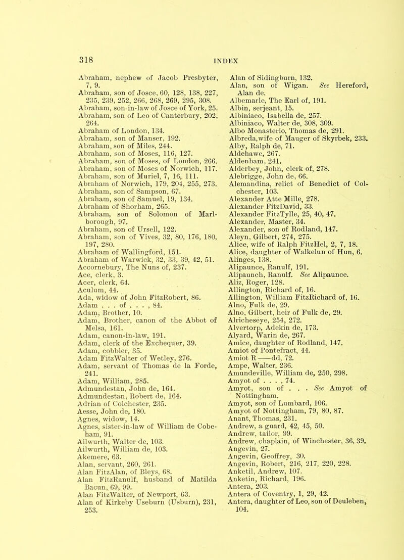 Abraham, nephew of Jacob Presbyter, 7, 9. Abraham, son of Josce, 60, 128, 138, 227, 235, 239, 252, 266, 268, 269, 295, 308. Abraham, son-in-law of Josce of York, 25. Abraham, son of Leo of Canterbury, 202, 264. Abraham of London, 134. Abraham, son of Manser, 192. Abraham, son of Miles, 244. Abraham, son of Moses, 116, 127. Abraham, son of Moses, of London, 266. Abraham, son of Moses of Norwich, 117. Abraham, son of Muriel, 7, 16, 111. Abraham of Norwich, 179, 204, 255, 273. Abraham, son of Sampson, 67. Abraham, son of Samuel, 19, 134. Abraham of Shorham, 265. Abraham, son of Solomon of Marl- borough, 97. Abraham, son of Ursell, 122. Abraham, son of Vives, 32, 80, 176, 180, 197, 280. Abraham of Wallingford, 151. Abraham of Warwick, 32, 33, 39, 42, 51. Accornebury, The Nuns of, 237. Ace, clerk, 3. Acer, clerk, 64. Aculum, 44. Ada, widow of John FitzRobert, 86. Adam . . . of . . . , 84. Adam, Brother, 10. Adam, Brother, canon of the Abbot of Melsa, 161. Adam, canon-in-law, 191. Adam, clerk of the Exchequer, 39. Adam, cobbler, 35. Adam FitzWalter of Wetley, 276. Adam, servant of Thomas de la Forde, 241. Adam, William, 285. Admundestan, John de, 164. Admundestan, Robert de, 164. Adrian of Colchester, 235. Aesse, John de, 180. Agnes, widow, 14. Agnes, sistei’-in-law of William de Cobe- ham, 91. Ailwurth, Walter de, 103. Ailwurth, William de, 103. Akemere, 63. Alan, servant, 260, 261. Alan FitzAlan, of Bleys, 68. Alan FitzRanulf, husband of Matilda Bacun, 69, 99. Alan FitzWalter, of Newport, 63. Alan of Kirkeby Useburn (Usburn), 231, 253. Alan of Sidingburn, 132. Alan, son of Wigan. See Hereford, Alan de. Albemarle, The Earl of, 191. Albin, serjeant, 15. Albiniaco, Isabella de, 257. Albiniaco, Walter de, 308, 309. Albo Monasterio, Thomas de, 291. Albreda,wife of Mauger of Skyrbek, 233. Alby, Ralph de, 71. Aldehawe, 267. Aldenham, 241. Alderbey, John, clerk of, 278. Alebrigge, John de, 66. Alemandina, relict of Benedict of Col- chester, 103. Alexander Atte Mille, 278. Alexander FitzDavid, 33. Alexander Fit.zTylle, 25, 40, 47. Alexander, Master, 34. Alexander, son of Rodland, 147. Aleyn, Gilbert, 274, 275. Alice, wife of Ralph FitzHel, 2, 7, 18. Alice, daughter of Walkelun of Hun, 6. Alinges, 138. Alipaunce, Ranulf, 191. Alipaunch, Ranulf. See Alipaunce. Aliz, Roger, 128. Allington, Richard of, 16. Allington, William FitzRichard of, 16. Alno, Fulk de, 29. Alno, Gilbert, heir of Fulk de, 29. Alricheseye, 254, 272. Alvertorp, Adekin de, 173. Alyard, Warin de, 267. Amice, daughter of Rodland, 147. Amiot of Pontefract, 44. Amiot R dd, 72. Ampe, Walter, 236. Amundeville, William de, 250, 298. Amyot of ... , 74. Amyot, son of . . . See Amyot of Nottingham. Amyot, son of Lumbard, 106. Amyot of Nottingham, 79, 80, 87. Anant, Thomas, 231. Andrew, a guard, 42, 45, 50. Andrew, tailor, 99. Andrew, chaplain, of Winchester, 36, 39. Angevin, 27. Angevin, Geoffrey, 30. Angevin, Robert, 216, 217, 220, 228. Anketil, Andrew, 107. Anketin, Richard, 196. Antera, 203. Antera of Coventry, 1, 29, 42. Antera, daughter of Leo, son of Deuleben, 104.