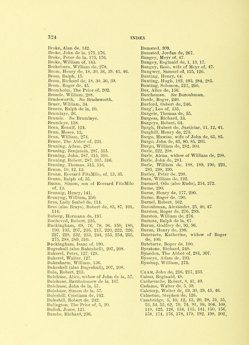 Broke, Alan de, 142. Broke, John de la, 175, 176. Broke, Peter de la, 175, 176. Broke, William of, 143. Brokeburn, William de, 278. Brom, Henry de, 18, 30, 36, 39, 45, 46. Brom, Ralph, 15. Brom, Richard de, 18, 30, 36, 39. Brom, Roger de, 45. Bromholm, The Prior of, 202. Bronde, William, ,288. Brudewurth. See Bradeworth. Bruer, William, 34. Bruere, Ralph de la, 10. Brumlaye, 26. Brumle. See Brumlaye. Brumleye, 138. Brun, Ernulf, 124. Brun, Moses, 13. Brun, William, 274. Brune, The Abbot of, 231. Bruning, Adam, 287. Bruning, Benjamin, 287, 315. Bruning, John, 287, 315, 316. Bruning, Robert, 287, 315, 316. Bruning, Thomas, 315, 316. Brunn,lO, 12, 13. Brunn, Everard FitzMilo, of, 13, 35. Brunn, Ralph of, 35. Bnunn, Simon, son of Everard FitzMilo of, 13. Brunnig, Henry, 141. Brunyng, William, 250. Brus, Lady Isabel de, 114. Brus (also Bruys), Robert de, 83, 87, 101, 114. Buberg, Hermann de, 197. Bucheved, Robert, 235. Buckingham, 69, 76, 78, 96, 150, 180, 190, 195, 207, 216, 217, 220, 222, 226, 227, 228, 232, 233, 244, 253, 254, 255, 275, 288, 289, 310. Buckingham, Isaac of. 190. Bugeshull (also Bukeshell), 207, 208. Bukerel, Peter, 127, 128. Bukerel, Walter, 127. Bukesharm, William, 136. Bukeshell (also Bugeshull), 207, 208. Buie, Robert, 213. Bulehuse, Alice, widow of John de la, 57. Bulehuse, Bartholomew de la, 167. Bulehuse, John de la, 57. Bulehuse, Simon de la, 57. Bulesliill, Cristiana de, 242. Buleshill, Robert de, 242. Bulington, The Prior of, 5, 20. Bullok, Josce, 121. Bumbe, Richard, 236, Bumsted, 309. Bumsted, Jordan de, 267. Bungey, Meyr of, 47. Bungey, Reginald de, 1, 13, 17. Bungey, Rose, wife of Meyr of, 47. Bungwey, Samuel of, 125, 126. Bunting, Henry, 64. Bunting, Hugh, 182, 283, 284, 285. Bunting, Solomon, 217, 260. Bur, Alice de, 156. Burcheman. See Burouhman. Burde, Roger, 240. Burford, Osbert de, 246. Burg’, Leo of, 135. Burgele, Thomas de, 55. Burgess, Richard, 13. Burgeys, Robert, 64. Burgh, Hubert de, Justiciar, 11, 12, 41. Burghill, Henry de, 275. Burgo, Hawise, wife of John de, 65, 85. Burgo, John de, 65, 80, 85, 203. Burgo, William de, 282, 304. Burle, 222, 298. Burle, Alena, widow of William de, 298. Burle, John de, 281. Burle, William de, 188, 189, 190, 221, 281, 298, 299. Burley, Peter de, 298. Burn, William de, 192. Burnard, Odo (also Eudo), 254, 272. Burne, 290. Burne, Henry de, 177, 290. Burne, Roger de, 290. Burnel, Robert, 162. Burouhman, Alexander, 25, 40, 47. Burston, Roger de, 276, 299. Burst.on, William de, 276. Burtote, Ralph de la, 67. Burun, Godfrey de, 95, 96. Burun, Henry de, 198. Buteturte, Katherine, widow of Roger de, 100. Buteturte, Roger de, 100. Byestone, Richard, 248. Bynedon, The Abbot of, 281, 307. Bysseye, Adam de, 193. Bysshup, William, 275. Caam, John de, 216, 217, 233. Cabus, Reginald, 48. Cachevache, Robert, 8, 41, 49. Cadamo, Walter de, 5, 39. Caletorp, Walter de, 19, 30, 39, 45, 46. Calnetun, Stephen de, 126. Cambridge, 5, 10, 12, 13, 20, 28, 31, 35, 53, 54, 55, 62, 70, 74, 91, 99, 104, 108, 119, 125. 126, 134, 135, 141, 150, 156, 158, 174^ 176, 178, 179, 192, 198, 202,