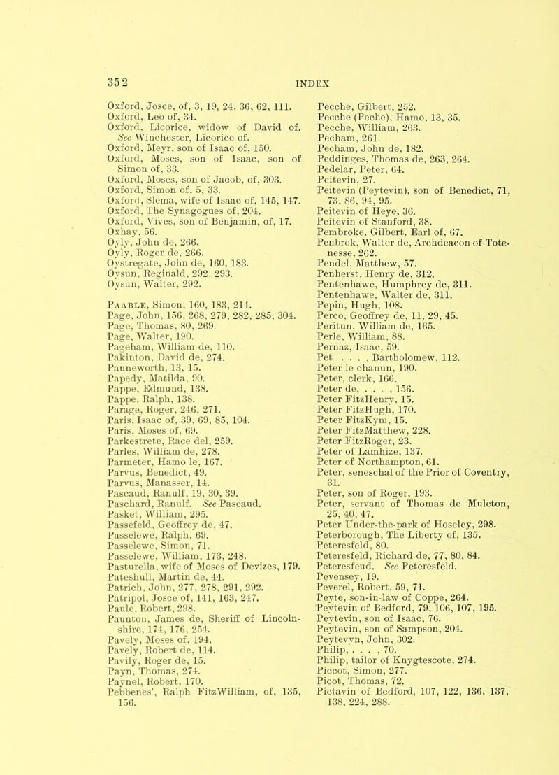 Oxford, Josce, of, 3, 19, 24, 36, 62, 111. Oxford, Leo of, 34. Oxford, Licorice, widow of David of. See Winchester, Licorice of. Oxford, Meyr, son of Isaac of, 150. Oxford, Moses, son of Isaac, son of Simon of, 33. Oxford, Moses, son of Jacob, of, 303. Oxford, Simon of, 5, 33. Oxford, Slema, wife of Isaac of, 145, 147. Oxford, The Synagogues of, 204. Oxford, Yives, son of Benjamin, of, 17. Oxhay, 56. Oyly, John de, 266. Oyly, Roger de, 266. Oystregate, John de, 160, 183. Oysun, Reginald, 292, 293. Oysun, Walter, 292. Paable, Simon, 160, 183, 214. Page, John, 156, 268, 279, 282, 285, 304. Page, Thomas, 80, 269. Page, Walter, 190. Pageham, William de, 110. Pakinton, David de, 274. Panneworth, 13, 15. Papedy, Matilda, 90. Pappe, Edmund, 138. Pappe, Ralph, 138. Parage, Roger, 246, 271. Paris, Isaac of, 39, 69, 85, 104. Paris, Moses of, 69. Parkestrete, Race del, 259. Paries, William de, 278. Parmeter, Hamo le, 167. Parvus, Benedict, 49. Parvus, Manasser, 14. Pascaud, Ranulf, 19, 30, 39. Paschard, Ranulf. See Pascaud. Pasket, William, 295. Passefeld, Geoffrey de, 47. Passelewe, Ralph, 69. Passelewe, Simon, 71. Passelewe, William, 173, 248. Pasturella, wife of Moses of Devizes, 179. Pateshull, Martin de, 44. Patrich, John, 277, 278, 291, 292. Patripol, Josce of, 141, 163, 247. Paule, Robert, 298. Paunton, James de, Sheriff of Lincoln- shire, 174, 176, 254. Pavely, Moses of, 194. Pavely, Robert de, 114. Pavily, Roger de, 15. Payn, Thomas, 274. Paynel, Robert, 170. Pebbenes’, Ralph FitzWilliam, of, 135, 156. Pecche, Gilbert, 252. Pecche (Peche), Hamo, 13, 35. Pecche, William, 263. Pecham, 261. Pecham, John de, 182. Peddinges, Thomas de, 263, 264. Pedelar, Peter, 64. Peitevin, 27. Peitevin (Peytevin), son of Benedict, 71, 73, 86, 94, 95. Peitevin of Heye, 36. Peitevin of Stanford, 38. Pembroke, Gilbert, Earl of, 67. Penbrok, Walter de, Archdeacon of Tote- nesse, 262. Pendel, Matthew, 57. Penherst, Henry de, 312. Pentenhawe, Humphrey de, 311. Pentenhawe, Walter de, 311. Pepin, Hugh, 108. Perco, Geoffrey de, 11, 29, 45. Peritun, William de, 165. Perle, William, 88. Pernaz, Isaac, 59. Pet .... Bartholomew, 112. Peter le chanun, 190. Peter, clerk, 166. Peter de, . . . , 156. Peter FitzHenry, 15. Peter FitzHugli, 170. Peter FitzKym, 15. Peter FitzMatthew, 228. Peter FitzRoger, 23. Peter of Lamhize, 137. Peter of Northampton, 61. Peter, seneschal of the Prior of Coventry, 31. Peter, son of Roger, 193. Peter, servant of Thomas de Muleton, 25, 40, 47. Peter Under-the-park of Hoseley, 298. Peterborough, The Liberty of, 135. Peteresfeld, 80. Peteresfeld, Richard de, 77, 80, 84. Peteresfeud. Sec Peteresfeld. Pevensey, 19. Peverel, Robert, 59, 71. Peyte, son-in-law of Coppe, 264. Peytevin of Bedford, 79, 106, 107, 195. Peytevin, son of Isaac, 76. Peytevin, son of Sampson, 204. Peytevyn, John, 302. Philip, ... ,70. Philip, tailor of Knygtescote, 274. Piccot, Simon, 277. Picot, Thomas, 72. Pictavin of Bedford, 107, 122, 136, 137, 138, 224, 288.
