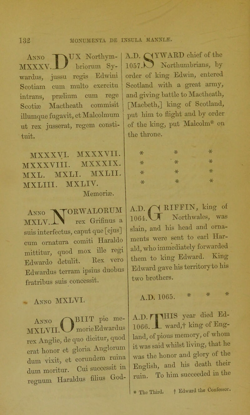 Akno TAUX Noi-tliym- MXXXV.J-/ briorum Sy- wardus, jussu regis Edwini Seotiam cum multo esercitu intransj prselmm cum rege Scotise Mactbeatb commisit illumc|ue fugavit, et Malcolmum ut rex jusseratj regem consti- tuit. MXXXyi. MXXXVII. MXXXVlil. MXXXIX. MXL. MXLI. MXLII, MXLIII. MXLIV. MemoriaJ. Anno ’'j^T'OIlWALOIlXJM MXLV.J^ rex Grifinus a suis interfectus, caput que [ejus] cum ornatura comiti Haraldo mittitur, quod mox ille regi Edwardo detulit. Ilex vero Edwardus terram ipsius duobus fratribus suis concessit. Anno MXLVI. Anno MXLVII.V_>' morieEdwardus rex Auglie, de quo dicitur, quod erat honor et gloria Anglorum dum vLxit, et eorundem rmna dum moritur. Cui successit in regnum Haraldus filius God- A.D. QYWAUD chief of the 1057.1^ Northumbrians, by order of king Edwin, entered Scotland with a great army, and giving battle to Mactbeatb, [Macbeth,] king of Scotland, I put him to flight and by order of the king, put Malcolm* on the throne. * * * * * * * * * * * * A.D. ^ EIEFIN, king of 1064. Northwales, was slain, and his head and orna- ments were sent to earl Har- ald, who immediately forwarded them to king Edward. King Edward gave his territory to Ins two brothers. A.D. 1065. * * * A.D. riYHIS year died Ed- 1066. X ward,t king of Eng- land, of pious memory, of whom it was said whilst living, that he was the honor and glory of the English, and his death then- ruin. To him succeeded in the # The Third. t Edward the Confessor.