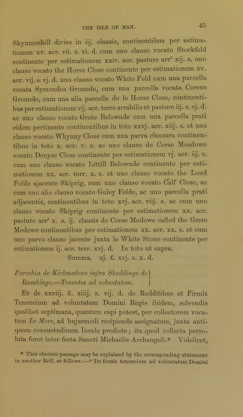 Skynnershill diviso in iij. clausis, continentibus per estima- tionem xv. acr. vii. s. vi. d. cum uno clause vocato Stockfeld continente per estimationem xxiv. acr. pasture arr’ xij. s. uno clause vocato the Horse Close continente per estimationem xv. acr. vij. s. vj. d. uno clause vocato White Feld cum una parcella vocata Symondes Grrounde, cum una parcella vocata Corens Groundcj cum una alia parcella de le Horse Close, continenti- bus per estimationem vij. acr. terre arrabilis et pasture iij. s. vj. d. ac uno clause vocato Crete Belownde cum una parcella prati eidem pertinente continentibus in toto xxvj. acr. xiij. s. et uno clause vocato Whynny Close cum una parva clausura continen- tibus in toto X. acr. v. s. ac uno clause de Corse Meadowe vocato Denysc Close continente per estimationem vj. acr. iij. s. cum uno clause vocato Littill Belownde continente per esti- mationem XX. acr. terr. x. s. et uno clause vocato the Lend Folds ajacente Skiprig, cum uno clause vocato Calf Close, ac cum uno alio clause vocato Guley Felde, ac uno parcella prati adjacentis, continentibus in toto xvj. acr. viij. s. ac cum uno clause vocato Skiprig continente per estimationem xx. acr. pasture arr’ x. s. ij. clausis de Corse Medowe called the Grete Medowe continentibus per estimationem xx. acr. xx. s. et cum uno parvo clause jacente juxta le White Stone continente per estimationem ij. acr. terr. xvj. d. In toto ut supra. Summa. xj. £. xvj. s. x. d. Parocliia de Kirhnalewe infra Sheddinge de' Busshinge.—Tenentes ad voluntatem. Et de xxviij. £. xiiij. s. vij. d. de Eedditibus et Firmis Tenencium ad voluntatem Domini Eegis ibidem, solvendis qualibet septimana, quantum capi potest, per collectorem voca- tum Le More, ad hujusmodi recipienda assignatum, juxta anti- quam consuetudinem Insule predicte; ita quod collecta perso- luta foret inter festa Sancti Michaelis Archangeli.* Videlicet, * This obscure passage may be explained by the corresponding statement in another Eoll, as follows :—“ De firmis tenencium ad voluntatem Domini