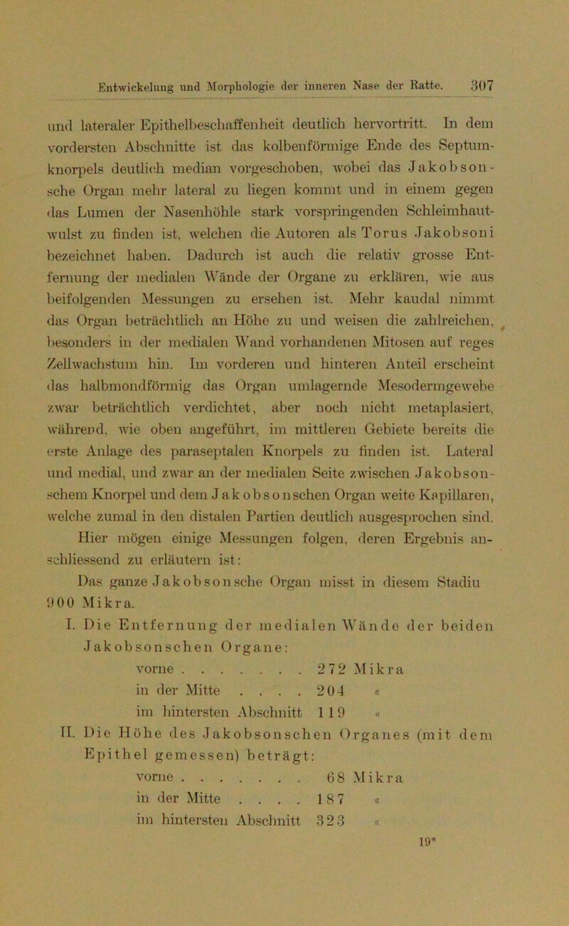 und lateraler Epithelbeschaffenheit deutlich hervortritt. In dem vordersten Abschnitte ist das kolbenförmige Ende des Septum- knorpels deutlich median vorgeschoben, wobei das Jakobson - sehe Organ mehr lateral zu liegen kommt und in einem gegen • las Lumen der Nasenhöhle stark vorspringenden Schleimhaut- wulst zu finden ist, welchen die Autoren als Torus Jakobsoni bezeichnet haben. Dadurch ist auch die relativ grosse Ent- fernung der medialen Wände der Organe zu erklären, wie aus beifolgenden Messungen zu ersehen ist. Mehr kaudal nimmt das Organ beträchtlich an Höhe zu und weisen die zahlreichen, besonders in der medialen Wand vorhandenen Mitosen auf reges Zellwachstum hin. Im vorderen und hinteren Anteil erscheint das halbmondförmig das Organ umlagernde Mesodermgewebe zwar beträchtlich verdichtet, aber noch nicht metaplasiert, während, wie oben angeführt, im mittleren Gebiete bereits die erste Anlage des paraseptalen Knorpels zu finden ist. Lateral und medial, und zwar an der medialen Seite zwischen Jakobson- schem Knorpel und dem Jakobson sehen Organ weite Kapillaren, welche zumal in den distalen Partien deutlich ausgesprochen sind. Hier mögen einige Messungen folgen, deren Ergebnis an- schliessend zu erläutern ist: Das ganze Jakobson sehe Organ misst in diesem Stadiu 900 Mikra. I. Die Entfernung der medialen Wände der beiden J a k o b s o n s c h e n Organe: vorne 272 Mikra in der Mitte .... 204 « im hintersten Abschnitt 119 « II. Die Höhe des Jakobs onschen Organes (mit dem Epithel gemessen) beträgt: vorne 68 Mikra in der Mitte .... 18 7 « im hintersten Abschnitt 323 « 19*