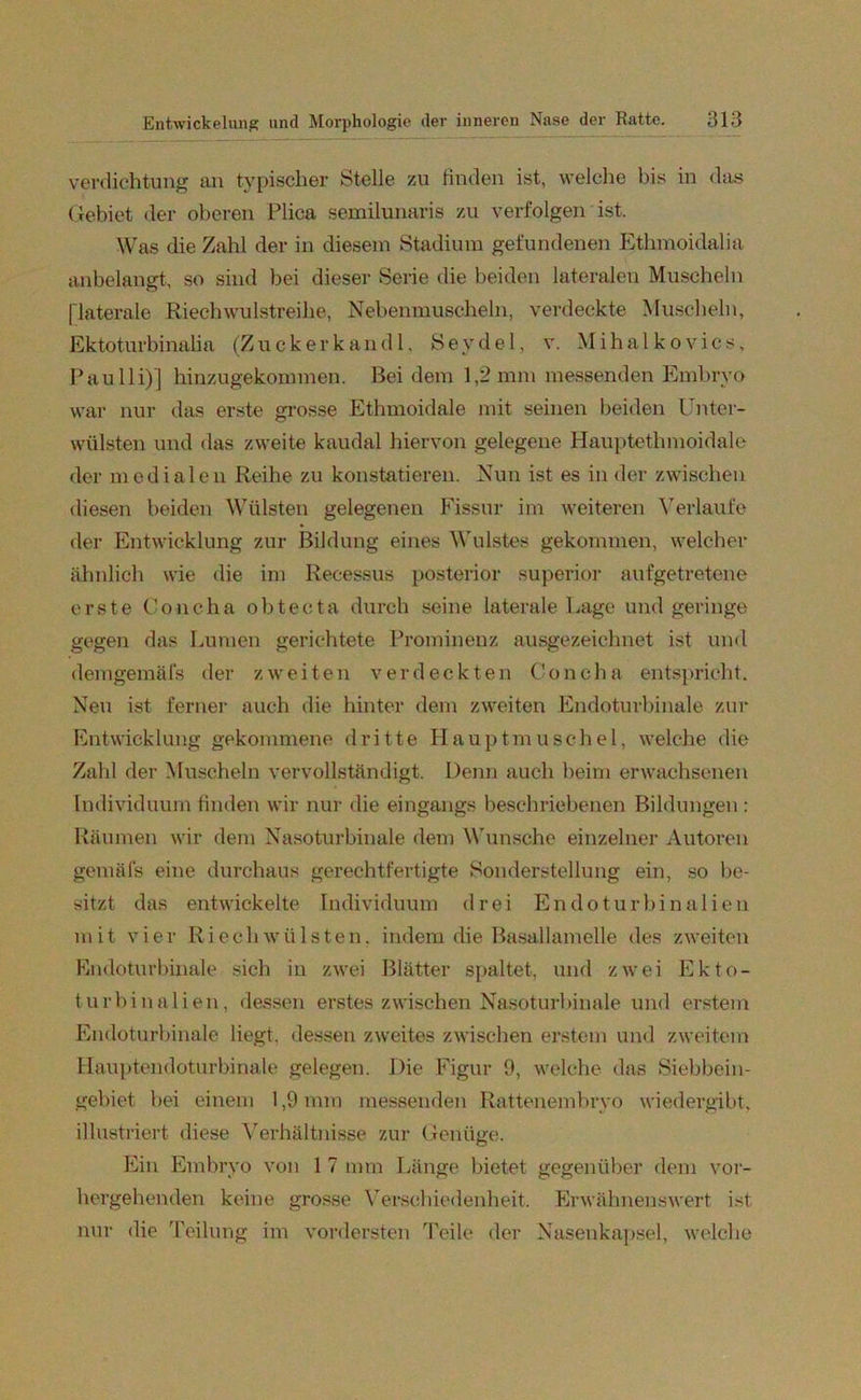 Verdichtung an typischer Stelle zu finden ist, welche bis in das Gebiet der oberen Plica semilunaris zu verfolgen ist. Was die Zahl der in diesem Stadium gefundenen Ethmoidalia anbelangt, so sind bei dieser Serie die beiden lateralen Muscheln [laterale Riechwulstreihe, Nebenmuscheln, verdeckte Muscheln, Ektoturbinalia (Zuckerkand 1, Seydel, v. Mihalkovics, Paulli)] hinzugekommen. Bei dem 1,2 mm messenden Embryo war nur das erste grosse Ethmoidale mit seinen beiden Unter- wülsten und das zweite kaudal hiervon gelegene Hauptethmoidale der medialen Reihe zu konstatieren. Nun ist es in der zwischen diesen beiden Wülsten gelegenen Fissur im weiteren Verlaufe der Entwicklung zur Bildung eines Wulstes gekommen, welcher ähnlich wie die im Recessus posterior superior aufgetretene erste Concha obteeta durch seine laterale Lage und geringe gegen das Lumen gerichtete Prominenz ausgezeichnet ist und demgemäfs der zweiten verdeckten Concha entspricht. Neu ist ferner auch die hinter dem zweiten Endoturbinale zur Entwicklung gekommene dritte Hauptmuschel, welche die Zahl der Muscheln vervollständigt. Denn auch beim erwachsenen Individuum finden wir nur die eingangs beschriebenen Bildungen : Räumen wir dem Nasoturbinale dem Wunsche einzelner Autoren gemäfs eine durchaus gerechtfertigte Sonderstellung ein, so be- sitzt das entwickelte Individuum drei Endoturbinalien mit vier Riechwülsten. indem die Basallamelle des zweiten Endoturbinale sich in zwei Blätter spaltet, und zwei Ekto- turbinalien, dessen erstes zwischen Nasoturbinale und erstem Endoturbinale liegt, dessen zweites zwischen erstem und zweitem Hauptendoturbinale gelegen. Die Figur 9, welche das Siebbein- gebiet bei einem 1,9 mm messenden Rattenembryo wiedergibt, illustriert diese Verhältnisse zur Genüge. Ein Embryo von 1 7 mm Länge bietet gegenüber dem vor- hergehenden keine grosse Verschiedenheit. Erwähnenswert ist nur die Teilung im vordersten Teile der Nasenkapsel, welche