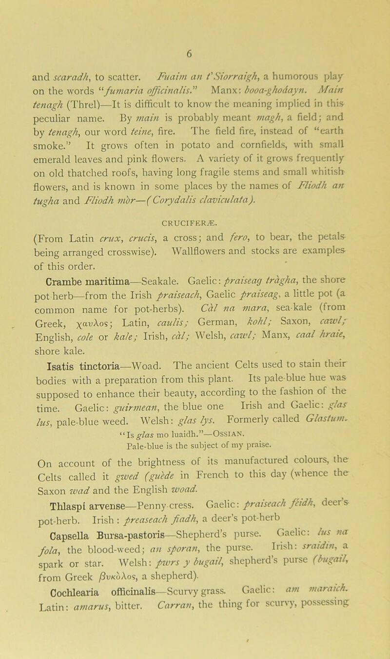 and scaradh, to scatter. Fuaim an t'Siorraigh, a humorous play on the words “fumaria officinalis.” Manx: booa-ghodayn. Main tenagh (Threl)—It is difficult to know the meaning implied in this peculiar name. By main is probably meant magh, a field; and by tenagh, our word feme, fire. The field fire, instead of “earth smoke.” It grows often in potato and cornfields, with small emerald leaves and pink flowers. A variety of it grows frequently on old thatched roofs, having long fragile stems and small whitish flowers, and is known in some places by the names of Fliodh an tugha and Fliodh mhr—(Corydalis claviculata). CRUCIFERS. (From Latin crux, crucis, a cross; and fero, to bear, the petals- being arranged crosswise). Wallflowers and stocks are examples of this order. Crambe maritima—Seakale. Gaelic: praiseag trdgha, the shore pot herb—from the Irish praiseach, Gaelic praiseag, a little pot (a common name for pot-herbs). Cal na mara, sea kale (from Greek, ^avAos; Latin, catths; German, kohl; Saxon, cawl; English, cole or kale; Irish, cal; Welsh, cawl; Manx, caal hraie, shore kale. Isatis tinctoria—Woad. The ancient Celts used to stain their bodies with a preparation from this plant. Its pale-blue hue was supposed to enhance their beauty, according to the fashion of the time. Gaelic: guinnean, the blue one Irish and Gaelic: glas lus, pale-blue weed. Welsh: glas lys. Formerly called G last non “Isglas mo luaidh.”—Ossian. Pale-blue is the subject of my praise. On account of the brightness of its manufactured colours, the Celts called it gzved (guide in French to this day (whence the Saxon wad and the English woad. Thlaspi arvense—Penny cress. Gaelic: praiseach/cidh, deers pot-herb. Irish : preaseach fiadh, a deer’s pot-herb Capsella Bursa-pastoris—Shepherd’s purse. Gaelic: lus na fola, the blood-weed; an sporan, the purse. Irish: sraidin, a spark or star. Welsh: pwrs y bugail, shepherd’s purse (bugail, from Greek /IvkoAos, a shepherd). Cochlearia officinalis—Scurvy grass. Gaelic: am maraich. Latin: amarus, bitter. Carran, the thing for scurvy, possessing