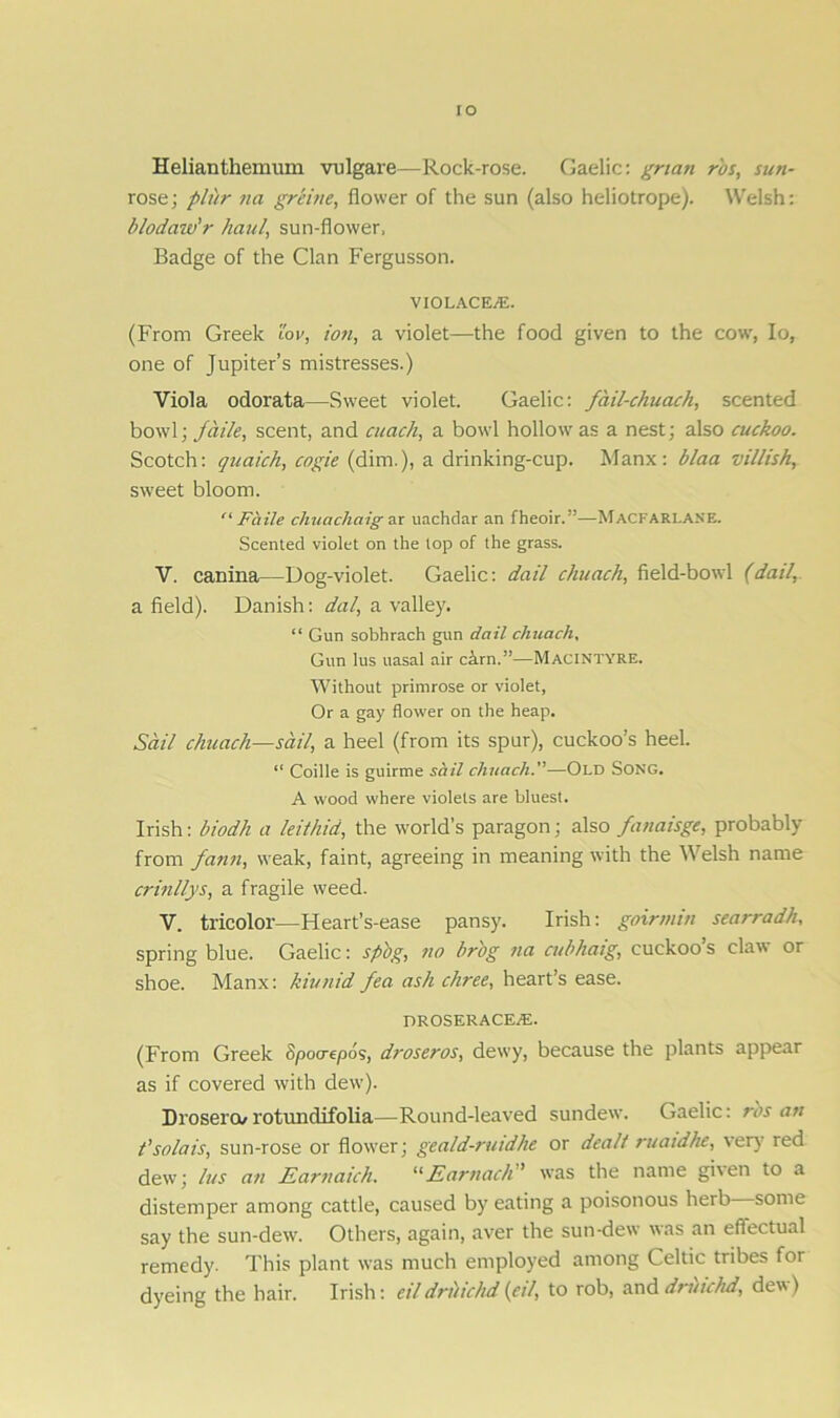 IO Helianthemum vulgare—Rock-rose. Gaelic: gnan r'os, sun- rose; plitr na greine, flower of the sun (also heliotrope). Welsh: blodaw'r haul, sun-flower, Badge of the Clan Fergusson. VIOLACEfE. (From Greek tov, ion, a violet—the food given to the cow, Io, one of Jupiter’s mistresses.) Viola odorata—Sweet violet. Gaelic: fail-chuach, scented bowl; jaile, scent, and cuach, a bowl hollow as a nest; also cuckoo. Scotch: quaich, cogie (dim.), a drinking-cup. Manx: blaa villish, sweet bloom. “ Faile chuachaig ar uachdar an fheoir.'1—Macfarlane. Scented violet on the top of the grass. V. canina—Dog-violet. Gaelic: dail chuach, field-bowl (dad, a field). Danish: dal, a valley. “ Gun sobhrach gun dail chuach, Gun lus uasal air chrn.”—Macintyre. Without primrose or violet, Or a gay flower on the heap. Sail chuach—sail, a heel (from its spur), cuckoo’s heel. “ Coille is guirme sail chuach.”—Old Song. A wood where violets are bluest. Irish: biodh a leithid, the world’s paragon; also fanaisge, probably from fann, weak, faint, agreeing in meaning with the Welsh name crinllys, a fragile weed. V. tricolor—Heart’s-ease pansy. Irish: goirmin searradh, spring blue. Gaelic: sp'og, no brbg na cubhaig, cuckoo’s claw or shoe. Manx: kiunid fea ash chree, heart’s ease. DROSERACEfE. (From Greek Spoaepos, droseros, dewy, because the plants appear as if covered with dew). Drosero/rotundifolia—Round-leaved sundew. Gaelic: tvs an t'sola is, sun-rose or flower; geald-ruidhe or dealt ruaidhe, very red dew; lus an Earnaich. “Earnach was the name giten to a distemper among cattle, caused by eating a poisonous herb some say the sun-dew. Others, again, aver the sun-dew was an effectual remedy. This plant was much employed among Celtic tribes for dyeing the hair. Irish: eildriltchd(eil, to rob, anddrilichd, dev)