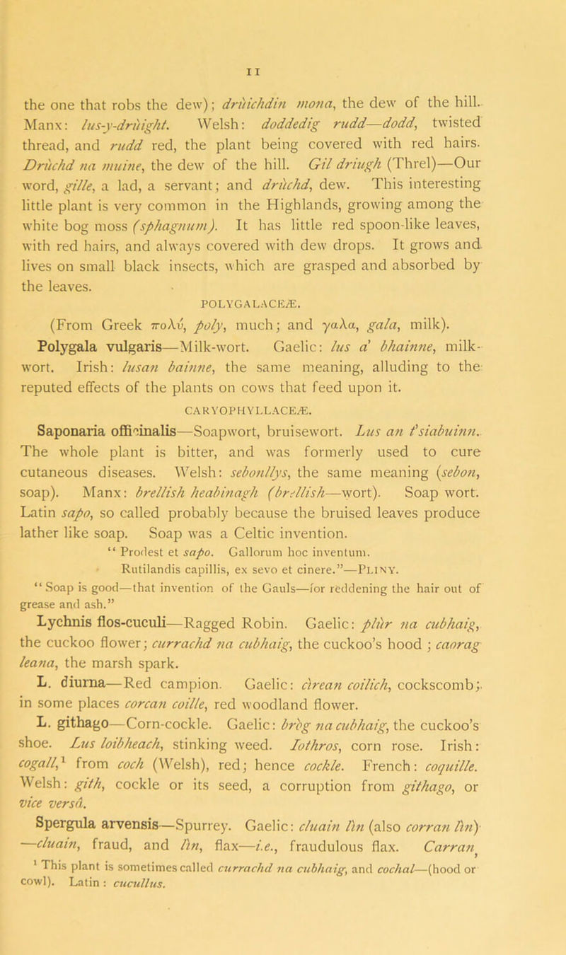 the one that robs the dew); drilichdin »iona, the dew of the hill. Manx: lus-y-druight. Welsh: doddedig rudd—dodd, twisted thread, and rudd red, the plant being covered with red hairs. Driuhd na viuine, the dew of the hill. Gil dnugh (Threl)—Our word, gille, a lad, a servant; and driuhd, dew. This interesting little plant is very common in the Highlands, growing among the white bog moss (sphagnum). It has little red spoon-like leaves, with red hairs, and always covered with dew drops. It grows and lives on small black insects, which are grasped and absorbed by the leaves. POLYGALACEjE. (From Greek 7toA.u, poly, much; and yaXa, gala, milk). Polygala vulgaris—Milk-wort. Gaelic: lus a’ hhainne, milk- wort. Irish: lusan bainne, the same meaning, alluding to the reputed effects of the plants on cows that feed upon it. CA R YOP HYLLACEAt. Saponaria officinalis—Soapwort, bruisewort. Lus an fsiabuinn. The whole plant is bitter, and was formerly used to cure cutaneous diseases. Welsh: sebonllys, the same meaning (sebon, soap). Manx: brellish heabinagh (brdlish—wort). Soap wort. Latin sapo, so called probably because the bruised leaves produce lather like soap. Soap was a Celtic invention. “ Prodest et sapo. Gallorum hoc inventum. Rutilandis capillis, ex sevo et cinere.”—Pliny. “Soap is good—that invention of the Gauls—for reddening the hair out of grease and ash.” Lychnis flos-cuculi—Ragged Robin. Gaelic: plitr na cubhaig, the cuckoo flower; currachd na cubhaig, the cuckoo’s hood ; caorag leana, the marsh spark. L. diurna—Red campion. Gaelic: cirean coilich, cockscomb; in some places corcan coil/e, red woodland flower. L. githago—Corn-cockle. Gaelic: brbg 71acubhaig, the cuckoo’s shoe. Lus loibheach, stinking weed. Iothros, corn rose. Irish: cogall,1 from coch (Welsh), red; hence cockle. French: coquille. Welsh: gith, cockle or its seed, a corruption from githago, or vice versd. Spergula arvensis—Spurrey. Gaelic: cluain l\n (also cor ran Pin) cluain, fraud, and Pin, flax—i.c., fraudulous flax. Carran> 1 This plant is sometimes called currachd na cubhaig, and cochal—(hood or cowl). Latin : cucuUus.