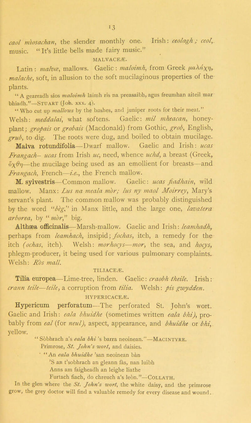 caol miosachan, the slender monthly one. Irish: ceolagh ; ceol, music. “ It’s little bells made fairy music.” MALVACEAE. Latin: malvce, mallows. Gaelic: ma/oitnh, from Greek /xaA.ag-q, malache, soft, in allusion to the soft mucilaginous properties of the plants. “A gearradh sios maloimh laimh ris na preasaibh, agus freumhan aiteil mar bhiadh.”—Stuart (Job. xxx. 4). “ Who cut up mallows by the bushes, and juniper roots for their meat.” Welsh: meddalai, what softens. Gaelic: mil mheacan, honey- plant; gropais or grobais (Macdonald) from Gothic, grab, English, grub, to dig. The roots were dug, and boiled to obtain mucilage. Malva rotundifolia—Dwarf mallow. Gaelic and Irish: ucas Frangach- ucas from Irish uc, need, whence uchd, a breast (Greek, o\6q—the mucilage being used as an emollient for breasts—and Frangach, French—i.e., the French mallow. M. sylvestris—Common mallow. Gaelic: ucas fiadhain, wild mallow. Manx: Lus na meala nibr; lus ny viaol Moirrey, Mary’s servant’s plant. The common mallow was probably distinguished by the word “big-, in Manx little, and the large one, lavalera arborea, by “ mor,” big. Althaea officinalis—Marsh-mallow. Gaelic and Irish: leamhadh, perhaps from leamhach, insipid; foe has, itch, a remedy for the itch (ochas, itch). Welsh: morhocys—mor, the sea, and hocys, phlegm-producer, it being used for various pulmonary complaints. Welsh: R'os mall. TILIACE JE. Tilia europea—Lime-tree, linden. Gaelic: craobh theile. Irish: crann lei/e—teile, a corruption from tilia. Welsh: pis gwydden. HYPERICACEvE. Hypericum perforatum—The perforated St. John’s wort. Gaelic and Irish: eala bhuidhe (sometimes written eala bhi), pro- bably from eal (for neul), aspect, appearance, and bhuidhe or bhi, yellow. “ Sobhrach a’s eala bhi's barra neoinean.”—MACINTYRE. Primrose, St. John’s -wort, and daisies. ' “An eala bhuidhe ’san neoinean ban ’S an t’sobhrach an gleann fas, nan luibh Anns am faigheadh an leighe liathe Purtach fiach, do chreuch a’s leon.”—CoLLATH. In the glen where the Si. John's -wort, the white daisy, and the primrose grow, the grey doctor will find a valuable remedy for every disease and wound.