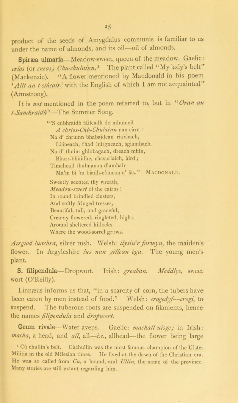 product of the seeds of Amygdalus communis is familiar to us under the name of almonds, and its oil—oil of almonds. Spiraea ulmaria—Meadow-sweet, queen of the meadow. Gaelic: crios (or cneas) Chu-chulamn.1 The plant called “My lady’s belt (Mackenzie). “A flower mentioned by Macdonald in his poem ‘A//t an t-siucair,' with the English of which I am not acquainted” (Armstrong). It is not mentioned in the poem referred to, but in “ Oran an t-Sanihraidk”—The Summer Song. “’S ciibhraidh faileadh do mhuineil A chrios-Chii-Chnlainn nan cam ! Na d’ chruinn bhabaidean riabhach, Loineach, fhad luirgneach, sgiamhach. Na d’ thuim ghiobagach, dreach mhln, Bharr-bhuidhe, chasurlaich, aird ; Timcheall thulmanan diamhair Ma’m bi’m biadh-ebinean a’ fas.’’—Macdonald. Sweetly scented thy wreath, Meadoiv-s-ujeet of the cairns ! In round brindled clusters, And softly fringed tresses, Beautiful, tall, and graceful, Creamy flowered, ringleted, high ; Around sheltered hillocks Where the wood-sorrel grows. Airgiod hiachra, silver rush. Welsh: llysiu'r forwyn, the maiden’s flower. In Argyleshire lus nan gillean oga. The young men’s plant. S. filipendula—Dropwort. Irish: greaban. Meddlys, sweet wort (O’Reilly). Linnaeus informs us that, “in a scarcity of corn, the tubers have been eaten by men instead of food.” Welsh: crogedyf—crogi, to suspend. The tuberous roots are suspended on filaments, hence the names filipendula and dropwort. Geum rivale—Water avens. Gaelic: machall uisge; in Irish: macha, a head, and all, all—i.e., allhead—the flower being large 1 Cii chullin’s belt. Ciichullin was the most famous champion of the Ulster Militia in the old Milesian times. He lived at the dawn of the Christian era. He was so called from Cu, a hound, and Ullin, the name of the province. Many stories are still extant regarding him.