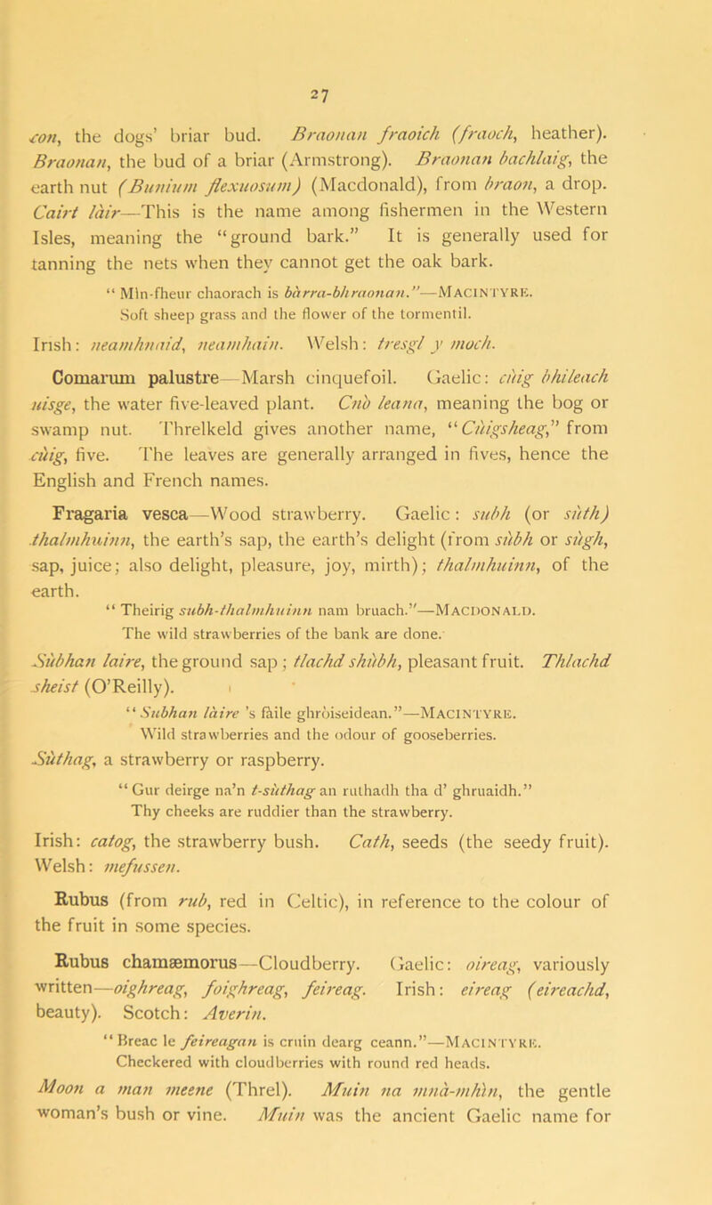 con, the dogs’ briar bud. Braonan fraoich (fraoch, heather). Braonan, the bud of a briar (Armstrong). Braonan bachlaig, the earth nut (Buninm flexuosum) (Macdonald), from braon, a drop. Cairt lair—This is the name among fishermen in the Western Isles, meaning the “ground bark.” It is generally used for tanning the nets when they cannot get the oak bark. “ Mln-fheur chaorach is barra-bhraonan.”—Macintyre. Soft sheep grass and the flower of the tormentil. Irish : neamfinaid, neamhain. Welsh: tresgl y mock. Comarum palustre—Marsh cinquefoil. Gaelic: chig b hi leach itisge, the water five-leaved plant. Cub lean a, meaning the bog or swamp nut. Threlkeld gives another name, “ Cuigsheag,” from ciiig, five. The leaves are generally arranged in fives, hence the English and French names. Fragaria vesca—Wood strawberry. Gaelic: subh (or sulk) .thalmhuinn, the earth’s sap, the earth’s delight (from subh or siigh, sap, juice; also delight, pleasure, joy, mirth); thalmhuinn, of the earth. “ Theirig subh-thalmhuinn nam bruach.”—Macdonald. The wild strawberries of the bank are done. Subhan laire, the ground sap; tlachd shitbh, pleasant fruit. Thlachd sheist (O’Reilly). “ Subhan laire’s fade ghrbiseidean.”—Macintyre. Wild strawberries and the odour of gooseberries. Suthag, a strawberry or raspberry. “Gur deirge na’n t-suthag an ruthadh tha d’ ghruaidh.” Thy cheeks are ruddier than the strawberry. Irish: calog, the strawberry bush. Cath, seeds (the seedy fruit). Welsh: me/us sen. Rubus (from rub, red in Celtic), in reference to the colour of the fruit in some species. Rubus chamsemorus—Cloudberry. Gaelic: oireag, variously written—oighreag, foighreag, feireag. Irish: eireag (eireachd, beauty). Scotch: Averin. “Breac le feireagan is cruin dearg ceann.”—Macintyre. Checkered with cloudberries with round red heads. Moon a man mesne (Threl). Main na mna-mhln, the gentle woman’s bush or vine. Main was the ancient Gaelic name for