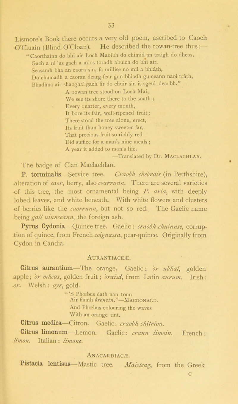 Lismore’s Book there occurs a very old poem, ascribed to Caoch O’Cluain (Blind O’Cloan). He described the rowan-tree thus:— “Caorthainn do bhi air Loch Maoibh do chimid an traigh do dheas, Gach a re 'us gach a mios toradh abuich do bhi air. Seasamh bha an caora sin, fa millise no mil a bhldth, Do chumadh a caoran dearg fear gun bhiadh gu ceann naoi truth, Bliadhna air shaoghal gach fir do chuir sin is sgeul dearth.” A rowan tree stood on Loch Mai, We see its shore there to the south ; Every quarter, every month, It bore its fair, well-ripened fruit; There stood the tree alone, erect, Its fruit than honey sweeter far, That precious fruit so richly red Did suffice for a man’s nine meals; A year it added to man’s life. —Translated by Dr. Maclachlan. The badge of Clan Maclachlan. P. torminalis—Service tree. Craobh che'orais (in Perthshire), alteration of caor, berry, also coarrumi. There are several varieties of this tree, the most ornamental being P. aria, with deeply lobed leaves, and white beneath. With white flowers and clusters of berries like the caorrunn, but not so red. The Gaelic name being gall uinnseann, the foreign ash. Pyrus Cydonia—Quince tree. Gaelic : craobh chuinnse, corrup- tion of quince, from French coignassa, pear-quince. Originally from Cydon in Candia. Aurantiacea:. Citrus aurantium—The orange. Gaelic: or ubhal, golden apple; or mheas, golden fruit; oraisd, from Latin aurum. Irish: or. Welsh : oyr, gold. “'S Phcebus dath nan tonn Air fiamh drensin.”—Macdonald. And Phoebus colouring the waves With an orange tint. Citrus medica—Citron. Gaelic: craobh shitrion. Citrus limonum—Lemon. Gaelic: crann limoin. French : limon. Italian: limonc. Anacardiaca:. Pistacia lentisus—-Mastic tree. Maisteag, from the Greek c