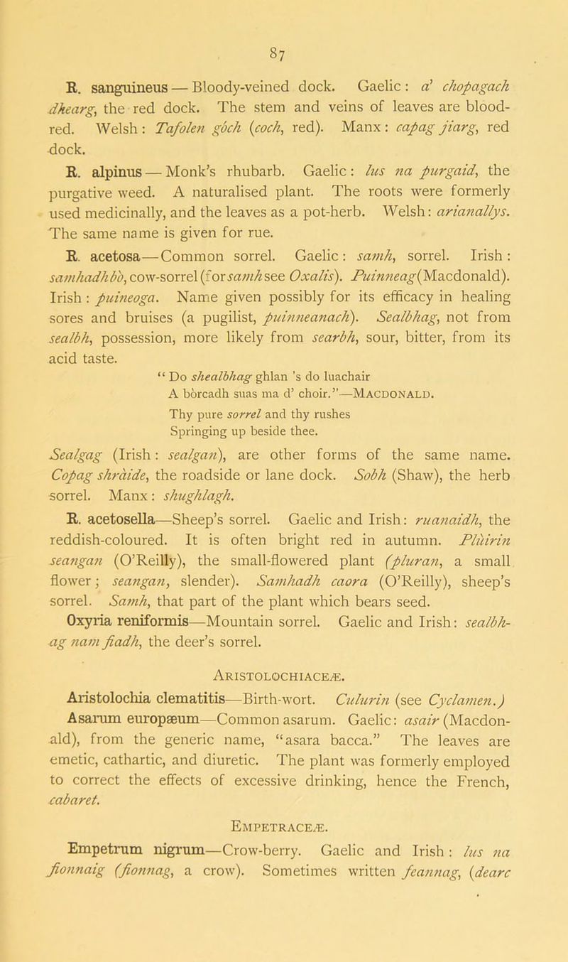 R. sanguineus — Bloody-veined dock. Gaelic : a’ chopagach dhearg, the red dock. The stem and veins of leaves are blood- red. Welsh : Tafolen goch (coch, red). Manx : capag jiarg, red dock. R. alpinus — Monk’s rhubarb. Gaelic: lus na purgaid, the purgative weed. A naturalised plant. The roots were formerly used medicinally, and the leaves as a pot-herb. Welsh: arianallys. The same name is given for rue. R. acetosa—Common sorrel. Gaelic : samh, sorrel. Irish : samhadhbo, cow-sorrel (torsamhsee Oxalis). Piunneag(Macdonald). Irish : puineoga. Name given possibly for its efficacy in healing sores and bruises (a pugilist, puinneanach). Sealbhag, not from sealbh, possession, more likely from searbh, sour, bitter, from its acid taste. “ Do shealbhag ghlan's do luachair A borcadh suas ma d’ choir.”—Macdonald. Thy pure sorrel and thy rushes Springing up beside thee. Sea/gag (Irish: sealga?i), are other forms of the same name. Copag shrdide, the roadside or lane dock. Sobk (Shaw), the herb sorrel. Manx: shughlagh. R. acetosella—Sheep’s sorrel. Gaelic and Irish: ruanaidh, the reddish-coloured. It is often bright red in autumn. Pluirin seangan (O’Reilly), the small-flowered plant ('pluran, a small flower; seangan, slender). Samhadh caora (O’Reilly), sheep’s sorrel. Samh, that part of the plant which bears seed. Oxyria reniformis—Mountain sorrel. Gaelic and Irish: sealbh- ag nam fiadh, the deer’s sorrel. Aristolochiacea:. Aristolochia clematitis—Birth-wort. Culurin (see Cyclamen.) Asarum europaeum—Common asarum. Gaelic: asair (Macdon- ald), from the generic name, “asara bacca.” The leaves are emetic, cathartic, and diuretic. The plant was formerly employed to correct the effects of excessive drinking, hence the French, cabaret. Empetrace/e. Empetrum nigrum—Crow-berry. Gaelic and Irish : lus na Jionnaig (fionnag, a crow). Sometimes written feannag, (dearc