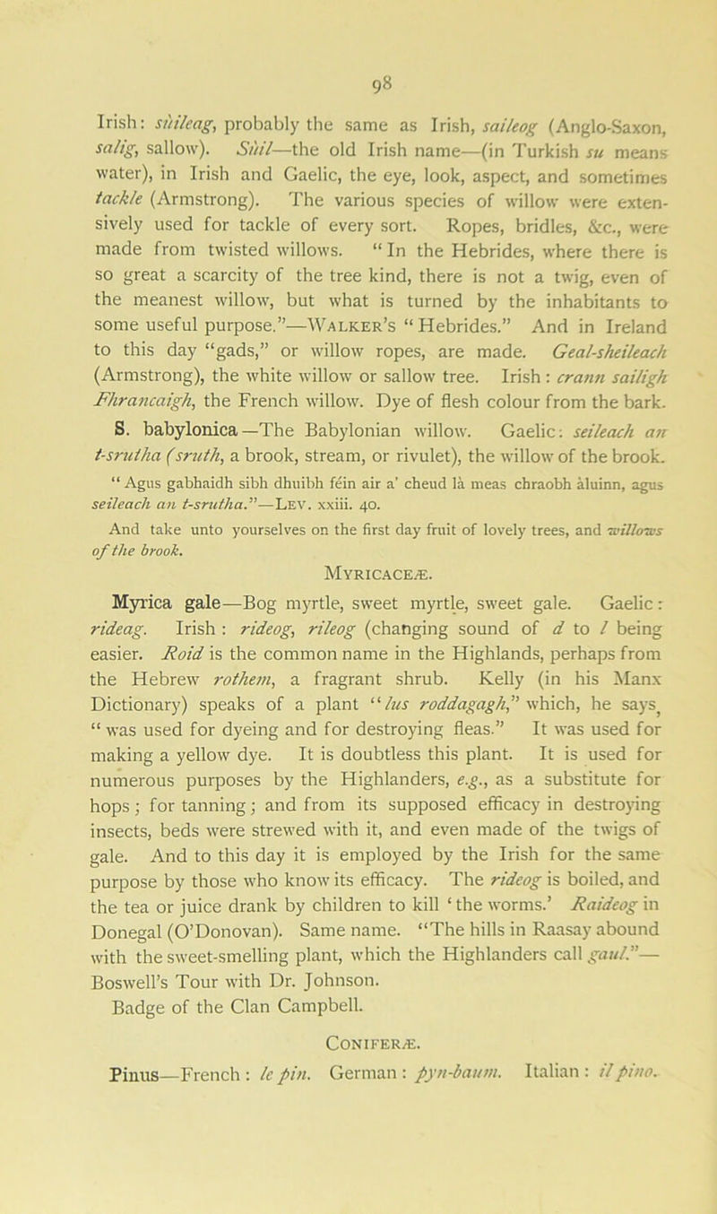 Irish: siti/eag, probably the same as Irish, sai/eog (Anglo-Saxon, sa/ig, sallow). St'ul—the old Irish name—(in Turkish su means water), in Irish and Gaelic, the eye, look, aspect, and sometimes tackle (Armstrong). The various species of willow were exten- sively used for tackle of every sort. Ropes, bridles, &c., were made from twisted willows. “In the Hebrides, where there is so great a scarcity of the tree kind, there is not a twig, even of the meanest willow, but what is turned by the inhabitants to some useful purpose.”—Walker’s “ Hebrides.” And in Ireland to this day “gads,” or willow ropes, are made. Geal-sheileach (Armstrong), the white willow or sallow tree. Irish : crann sailigh Fhrancaigh, the French willow. Dye of flesh colour from the bark. S. babylonica —The Babylonian willow. Gaelic: seileach an t-srutha (sruth, a brook, stream, or rivulet), the willow of the brook. “ Agus gabhaidh sibh dhuibh fein air a' cheud la meas chraobh aluinn, agus seileach an t-srutha.”—Lev. xxiii. 40. And take unto yourselves on the first day fruit of lovely trees, and ■willows of the brook. Myricace^e. Myrica gale—Bog myrtle, sweet myrtle, sweet gale. Gaelic r rideag. Irish : rideog, rileog (changing sound of d to l being easier. Roid is the common name in the Highlands, perhaps from the Hebrew rothem, a fragrant shrub. Kelly (in his Manx Dictionary) speaks of a plant 11 lus roddagagh,” which, he says “was used for dyeing and for destroying fleas.” It was used for making a yellow dye. It is doubtless this plant. It is used for numerous purposes by the Highlanders, e.g., as a substitute for hops; for tanning; and from its supposed efficacy in destroying insects, beds were strewed with it, and even made of the twigs of gale. And to this day it is employed by the Irish for the same purpose by those who know its efficacy. The rideog is boiled, and the tea or juice drank by children to kill ‘ the worms.’ Raideog in Donegal (O’Donovan). Same name. “The hills in Raasay abound with the sweet-smelling plant, which the Highlanders call gait/.”— Boswell’s Tour with Dr. Johnson. Badge of the Clan Campbell. Conifera:. Piiius—French : Ic fm. German : pyn-bautn. Italian : ;/pino.