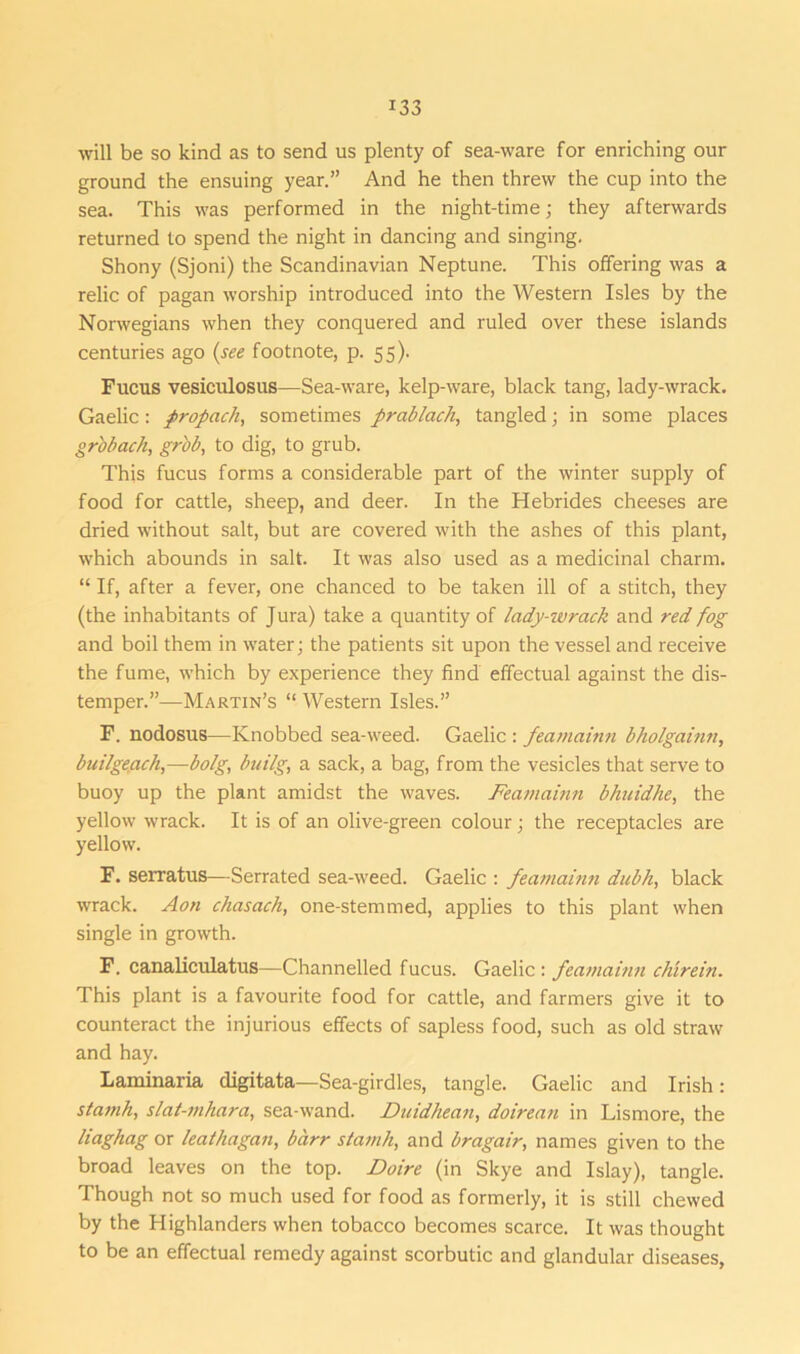 will be so kind as to send us plenty of sea-ware for enriching our ground the ensuing year.” And he then threw the cup into the sea. This was performed in the night-time; they afterwards returned to spend the night in dancing and singing. Shony (Sjoni) the Scandinavian Neptune. This offering was a relic of pagan worship introduced into the Western Isles by the Norwegians when they conquered and ruled over these islands centuries ago (see footnote, p. 55). Fucus vesiculosus—Sea-ware, kelp-ware, black tang, lady-wrack. Gaelic: propach, sometimes prablach, tangled; in some places grbbach, grob, to dig, to grub. This fucus forms a considerable part of the winter supply of food for cattle, sheep, and deer. In the Hebrides cheeses are dried without salt, but are covered with the ashes of this plant, which abounds in salt. It was also used as a medicinal charm. “ If, after a fever, one chanced to be taken ill of a stitch, they (the inhabitants of Jura) take a quantity of lady-zvrack and red fog and boil them in water; the patients sit upon the vessel and receive the fume, which by experience they find effectual against the dis- temper.”—Martin’s “ Western Isles.” F. nodosus—Knobbed sea-weed. Gaelic : feamainn bholgainn, builgeflch,—bolg, builg, a sack, a bag, from the vesicles that serve to buoy up the plant amidst the waves. Feamainn bhuidhe, the yellow wrack. It is of an olive-green colour; the receptacles are yellow. F. serratus—Serrated sea-weed. Gaelic : feamainn dubh, black wrack. Aon chasach, one-stemmed, applies to this plant when single in growth. F. canaliculatus—Channelled fucus. Gaelic : feamainn chtrein. This plant is a favourite food for cattle, and farmers give it to counteract the injurious effects of sapless food, such as old straw and hay. Laminaria digitata—Sea-girdles, tangle. Gaelic and Irish: stamh, slat-mhara, sea-wand. Duidhean, doirean in Lismore, the liaghag or leathagan, bcirr stamh, and bragair, names given to the broad leaves on the top. Doire (in Skye and Islay), tangle. Though not so much used for food as formerly, it is still chewed by the Highlanders when tobacco becomes scarce. It was thought to be an effectual remedy against scorbutic and glandular diseases,