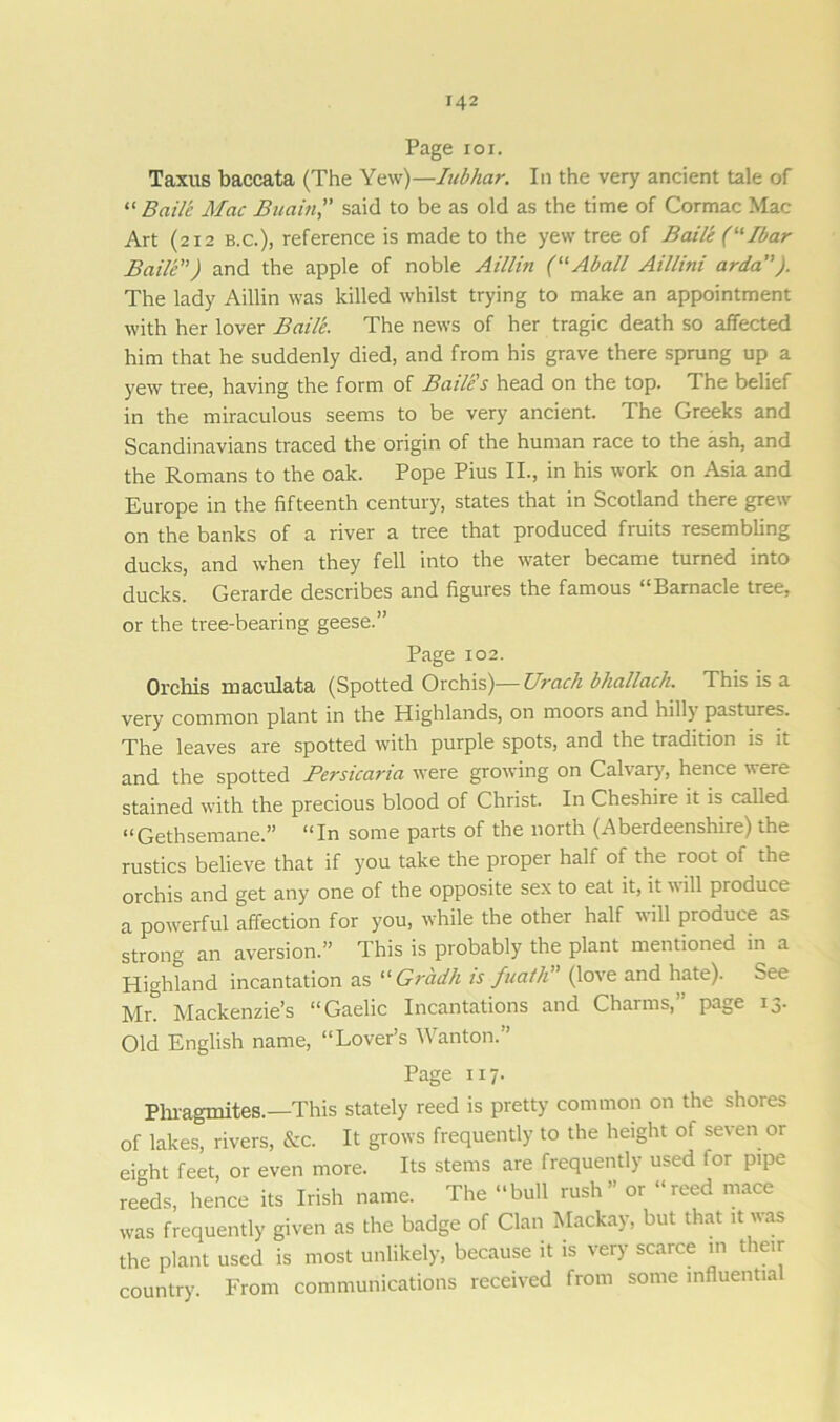 Page ioi. Taxus baccata (The Yew)—Iubhar. In the very ancient tale of “ Bail'e Mac Buainsaid to be as old as the time of Cormac Mac Art (2x2 b.c.), reference is made to the yew tree of Baile (“Ibar Baile ) and the apple of noble Aillin (“Aball Aillini arda). The lady Aillin was killed whilst trying to make an appointment with her lover Baile. The news of her tragic death so affected him that he suddenly died, and from his grave there sprung up a yew tree, having the form of Baile's head on the top. The belief in the miraculous seems to be very ancient. The Greeks and Scandinavians traced the origin of the human race to the ash, and the Romans to the oak. Pope Pius II., in his work on Asia and Europe in the fifteenth century, states that in Scotland there grew on the banks of a river a tree that produced fruits resembling ducks, and when they fell into the water became turned into ducks. Gerarde describes and figures the famous “Barnacle tree, or the tree-bearing geese.” Page 102. Orchis maculata (Spotted Orchis)—Urach bhallach. This is a very common plant in the Highlands, on moors and hilly pastures. The leaves are spotted with purple spots, and the tradition is it and the spotted Persicaria were growing on Calvary, hence were stained with the precious blood of Christ. In Cheshire it is called “Gethsemane.” “In some parts of the north (Aberdeenshire) the rustics believe that if you take the proper half of the root of the orchis and get any one of the opposite sex to eat it, it will produce a powerful affection for you, while the other half will produce as strong an aversion.” This is probably the plant mentioned in a Highland incantation as “ Gradh is fuath” (love and hate). See Mr. Mackenzie’s “Gaelic Incantations and Charms,” page 13. Old English name, “Lover’s Wanton.” Page 117. Phragmites.—This stately reed is pretty common on the shores of lakes, rivers, &c. It grows frequently to the height of seven or eight feet, or even more. Its stems are frequently used for pipe reeds, hence its Irish name. The “bull rush” or “reed mace was frequently given as the badge of Clan Mackay, but that it was the plant used is most unlikely, because it is very scarce in their country. From communications received from some influential