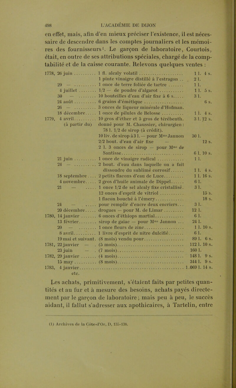 en effet, mais, afin d’en mieux préciser l’existence, il est néces- saire de descendre dans les comptes journaliers et les mémoi- res des fournisseurs1. Le garçon de laboratoire, Courtois, était, en outre de ses attributions spéciales, chargé de la comp- tabilité et de la caisse courante. Relevons quelques ventes : 1778, 26 juin 1 fl. alcaly volatil 11. 4 s. 1 pinte vinaigre distillé à l’estragon .. 2 1. 29 - 1 once de terre foliée de tartre 1 1. 4 juillet 1/2 — de poudre d’algarot 11. 5 s. 30 - 10 bouteilles d’eau d’air fixe à 6 s 3 1. 24 août 6 grains d’émétique 6 s. 26 - 3 onces de liqueur minérale d’Hofman. 18 décembre 1 once de pilules de Belosse 11. 4 s. 1779, 4 avril 10 gros d’éther et 5 gros de térébenth. 3 1. 12 s. (à partir du) donné pour M. Chaussier, chirurgien : 78 1. 1/2 de sirop (à crédit). 10 liv. de sirop à3 1. — pour Mme Jannon 30 1. 2/2 bout, d’eau d’air fixe 12 s. 2 1. 3 onces de sirop — pour Mme de Santisse 6 1. 10 s. 21 juin 1 once de vinaigre radical 1 1. 24 - 2 bout, d’eau dans laquelle ou a fait dissoudre du sublimé corrosif 11. 4 s. 18 septembre .... 2 petits flacons d’eau de Luce 1 1. 16 s. 4 novembre 2 gros d’huile animale de Dippel 6 1. 21 — 1 once 1/2 de sel alcaly fixe cristallisé. 3 1. 12 onces d’esprit de vitriol 15 s. 1 flacon bouché à l’émery 18 s. 24 - pour remplir d’encre deux encriers... 3 1. 20 décembre drogues — pour M. de Limar 12 1. 1780, 14 janvier 6 onces d’éthiops martial 6 1. 13 février sii'op de gaiac — pour Mme Jannon ... 24 1. 20 — 1 once fleurs de zinc 1 1. 10 s. 8 avril 1 livre d’esprit de nitre dulcifié 6 1. 19 mai et suivant. (8 mois) vendu pour 89 1. 6 s. 1781, 22 janvier — (5 mois) 112 1. 10 s. 23 juin — (7 mois) 160 1. 1782, 29 janvier (4 mois) 148 1. 9 s. 15 may (8 mois) 344 1. 9 s. 1783, 4 janvier 1.069 1.14 s. etc. Les achats, primitivement, s’étaient faits par petites quan- tités et au fur et à mesure des besoins, achats payés directe- ment par le garçon de laboratoire; mais peu à peu, le succès aidant, il fallut s’adresser aux apothicaires, à Tartelin, entre (1) Archives de la Côte-d’Or, 1), 135-138.