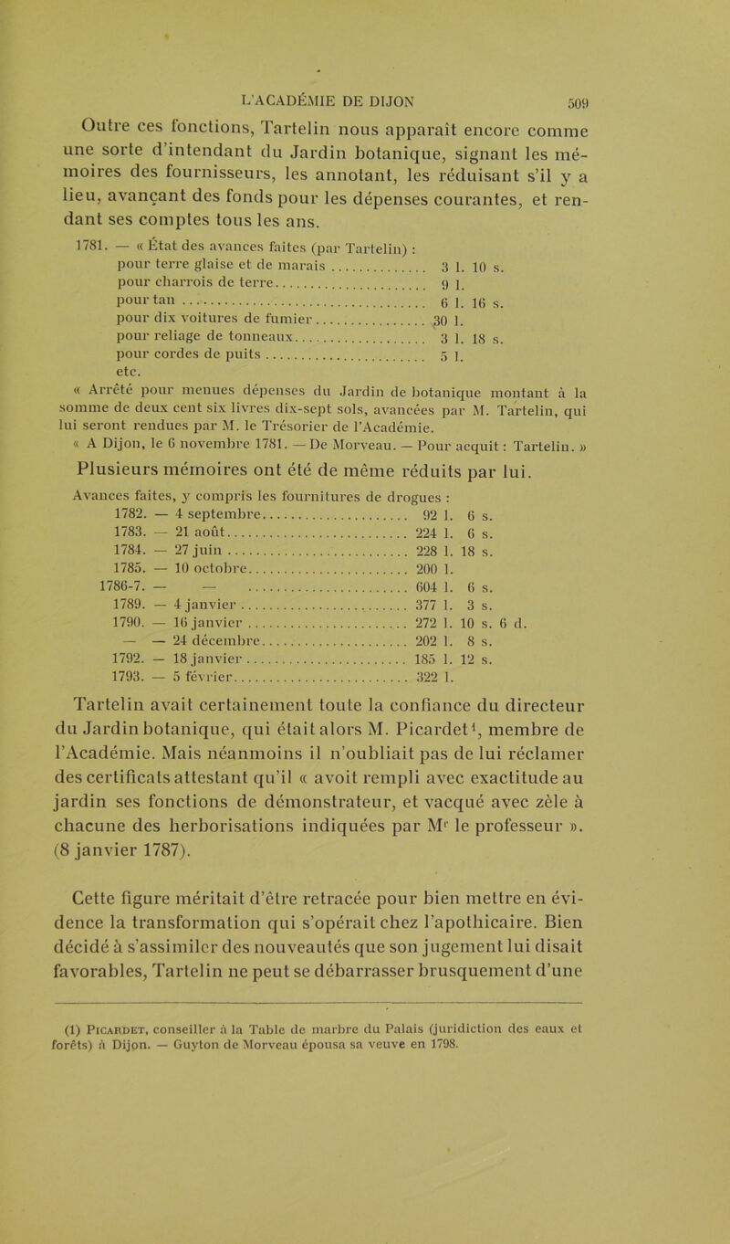 Outre ces tondions, Tartelin nous apparaît encore comme une sorte d intendant du Jardin botanique, signant les mé- moires des fournisseurs, les annotant, les réduisant s’il y a lieu, avançant des fonds pour les dépenses courantes, et ren- dant ses comptes tous les ans. 1781. — « État des avances faites (par Tartelin) : pour terre glaise et de marais 3 1. 10 s. pour charrois de terre 91 Pour tan 0 I. 16 s. pour dix voitures de fumier 30 ]. pour reliage de tonneaux 3 1. 18 s. pour cordes de puits 5 ] etc. « Arrêté pour menues dépenses du Jardin de botanique montant à la somme de deux cent six livres dix-sept sols, avancées par M. Tartelin, qui lui seront rendues par M. le Trésorier de l’Académie. « A Dijon, le 6 novembre 1781. — De Morveau. - Pour acquit : Tarteliu. » Plusieurs mémoires ont été de même réduits par lui. Avances faites, y compris les fournitures de 1782. — 4 septembre 1783. — 21 août 1784. — 27 juin 1785. — 10 octobre 1786-7. — — 1789. — 4 janvier 1790. — 16 janvier — — 24 décembre 1792. — 18 janvier 1793. — 5 février drogues : ... 92 1. 6 s. ... 224 1. 6 s. ... 228 1. 18 s. ... 200 1. ... 604 1. 6 s. ... 377 1. 3 s. ... 272 1. 10 s. 6 d. ... 202 1. 8 s. ... 185 1. 12 s. ... 322 1. Tartelin avait certainement toute la confiance du directeur du Jardin botanique, qui était alors M. Picardet1, membre de l’Académie. Mais néanmoins il n’oubliait pas de lui réclamer des certificats attestant qu’il ce avoit rempli avec exactitude au jardin ses fonctions de démonstrateur, et vacqué avec zèle à chacune des herborisations indiquées par M1' le professeur ». (8 janvier 1787). Cette figure méritait d’être retracée pour bien mettre en évi- dence la transformation qui s’opérait chez l’apothicaire. Bien décidé à s’assimiler des nouveautés que son jugement lui disait favorables, Tartelin 11e peut se débarrasser brusquement d’une (1) Picardet, conseiller à la Table de marbre du Palais (juridiction des eaux et forêts) à Dijon. — Guyton de Morveau épousa sa veuve en 1798.