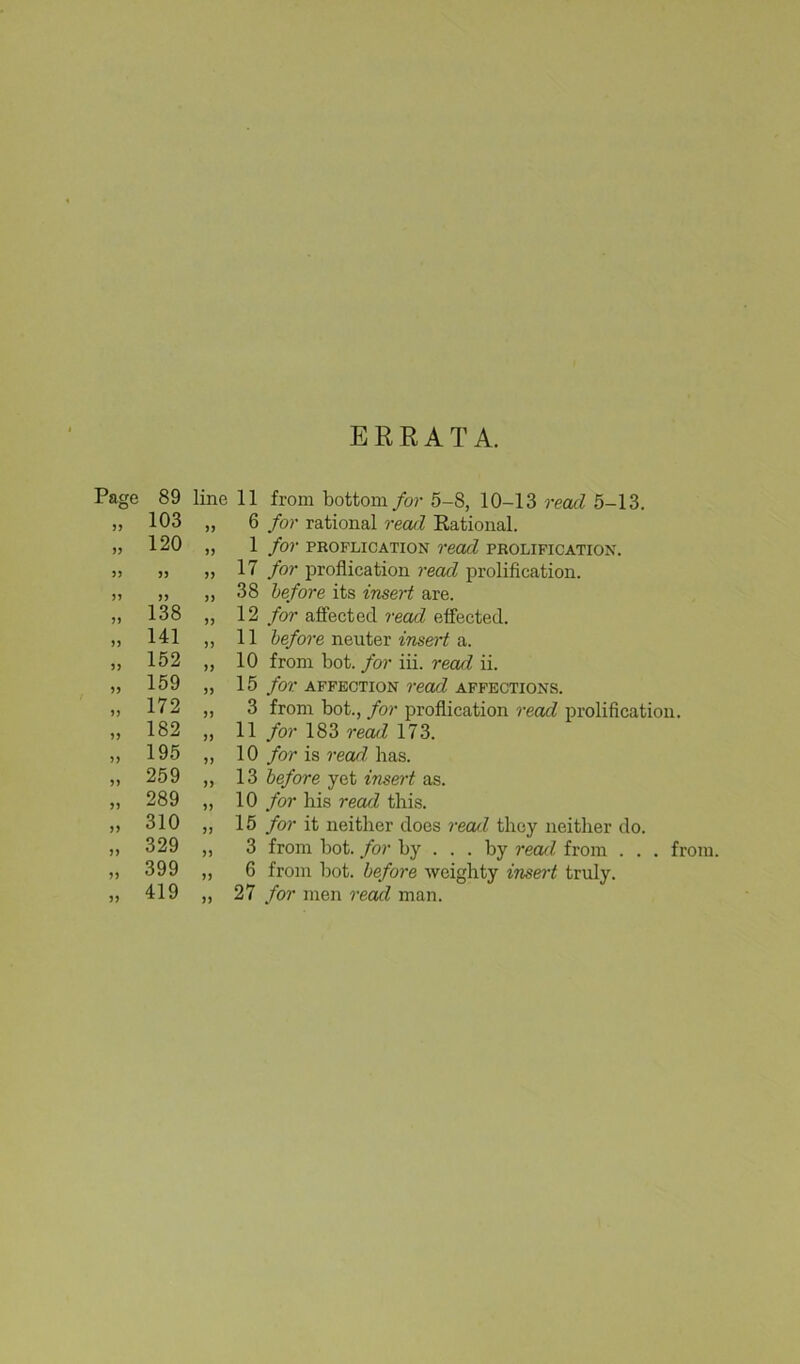 ERRATA. Page 3> >> )) 5J 3> 33 33 33 33 33 33 33 33 33 33 33 33 89 line 11 frona bottom for 5-8, 10-13 read 5-13. 103 „ 6 for rational read Eational. 120 „ 1 for PRO PLICATION ?'ead prolipication. » » 17 for proflieation read prolification. ,, ,, 38 before its insert are. 138 „ 12 for affected read effected. 141 „ 11 before neviiQx insert 152 „ 10 from bot. for iii. read ii. 159 „ 15 for APPECTioN read appections. 172 „ 3 from bot., for proflieation read prolification. 182 „ 11 /or 183 173. 195 ,, 10 /or is rear? has. 259 „ before y&i imert a,s. 289 „ 10 for his read this. 310 „ 15 for it neither does read they neither do. 329 „ 3 from bot. for by ... by read from . . . from. 399 ,, 6 from bot. before weighty insert truly. 419 ,, 27 for men read man.