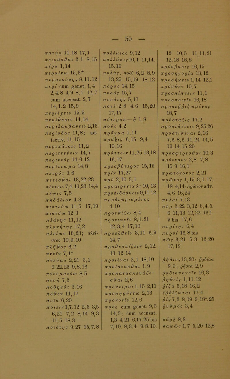 πατήρ 11,18 17,1 πειρασΰαι 2,1 8,15 πέρα 1,14 περαίνω 15,3* περατούαης 8,11.12 περί οπιη ^βηβΐ. 1,4 2,4.8 4,9 8,1 12,7 ουιχι ^οοαδαί. 2,7 14,1.2 15,9 περιέχει ν 15,5 περί'&εαιν 14,14 π ε ρ ιλα μ β άν ε ιν 2,15 περίοδος 11,8; &4- ΐβοΐϊν. 11,15 π ε ρ ιπάτ ο ις 11,2 περιττεύειν 14,7 περιττός 14,6.12 περίττωμα 14,8 πετράς 9, 6 πέτεσύλαι 13,22.23 πέττεινΊ ,4 11,23 14,4 πέψις 7,5 πη δόλιον 4,3 πιστεύω 11,5 17,19 πιστό ω 12,3 πλάνης 11,12 πλανήτης 17,2 πλείων 16,23; πλεΐ- στος 10,9.10 πλήϋ·ος 6,2 πνεϊν 7,1* πνεύμα 2,21 3,1 6,22.23 9,8.16 πν εν ματ ό ω 8,5 πνοή 7,2 π οδηγός 3,16 πόύλεν 11,17 ποια 6,20 πο ιεϊν 1,7.12 2,5 3,5 6,21 7,2 8,14 9,3 11,5 18,3 ποιότης 9,27 15,7.8 πολέμιος 9,12 πολλάκις 10,1 11,14. 15.16 πολύς, πολύ 6,2 8,9 13,25 15,19 18,12 πόρος 14,15 ποσός 15,7 ποσότης 5,17 ποτέ 2,8 4,6 15,20 17.17 πότε ρ ον — ή 1,8 πούς 4,2 πραγ μα 1,11 πραξις 6,15 9,4 10,16 πράττειν 11,25 13,18 16.17 πρεσ βύτερος 15,19 πριν 17,27 πρό 2,10 3,1 προαιρετικός 10, 13 προδιδάσκειν 9,11.12 π ροδιω ρισ μένος 4.10 π ρ ο ε·& ίζ ω 8,4 προειπεΐν 8,1.21 12,3.4 17,10 πρ οελ &εΐν 3,11 6,9 14,7 προύλεσπίζειν 2,12. 13 12,14 προιέναι 2,1 18,10 π ρ ο ίστ αούλ αι 1,9 προκατασκενάζε- σϋαι 2,6 πρόκειμαι 1,15 2,11 προκηρύ ττω 2,13 προνοεϊν 12,6 πρός οιιηι £βηβΐ. 9,3 14,3; οπιη αοοηβαί. 1,3 4,21 6,17.251)18 7.10 8,3.4 9,8.10. 12 10,5 11,11.21 12,18 18,8 πρόσβασις 16,15 προσηγορία 13,12 προαήκειν 1,14 12,1 πρόοϋ-εν 10, 7 προαπίπτειν 11,1 π ροσποιεΐν 16,18 προσερριζωμένος 18,7 πρόσταξις 17,2 προστάττειν 9,25.26 προοτιϋ'έναι 2,16 7.6 8,6 11,24 14,5 16,14.15.20 προσφέρεσύλαι 10,3 πρότερον 2,8 7,8 15,9 16,1 πρωτόγονος 2,21 πρώτος 1,15 3,1.17. 18 4,14; πρώτον αάν. 4.6 16,24 πυλαί 7,13 πνρ 2,22 3,12 6,4.5. 6 11,13 12,22 13,1. 9 Μδ 17,6 πυρίτης 6,4 πνροί 16,81)18 πώς 3,21 5,3 12,20 17,18 ρά<5ίθ?13,20; ραδίως 8. 6 ; ρόστα 2,9 ρηδιονργεΐν 16,3 ρηΰείς 1,11.12 βίζα 5,18 16,2 έρρίζωται 17,4 ρ«ς 7,2 8,19 9,18* 25 ρνΰμός 3,4 σαρξ 8,8 σαφώς 1,7 5,20 12,8