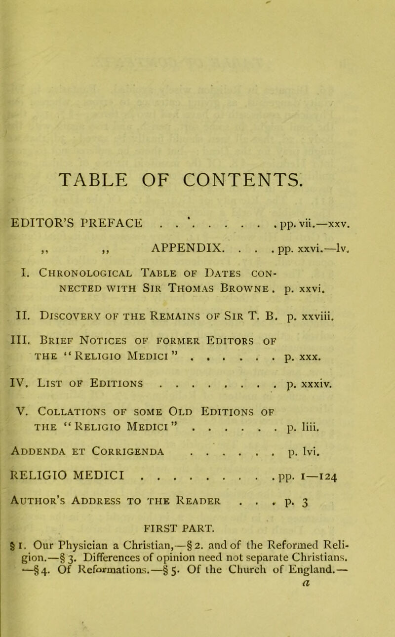 TABLE OF CONTENTS EDITOR’S PREFACE . . ’ pp.vii.—xxv. ,, ,, APPENDIX. . . . pp. xxvi.—lv. I. Chronological Table of Dates con- nected with Sir Thomas Browne . p. xxvi. II. Discovery of the Remains of Sir T. B. p. xxviii. III. Brief Notices of former Editors of the “Religio Medici” p. xxx. IV. List of Editions p. xxxiv. V. Collations of some Old Editions of the “Religio Medici” p. liii. Addenda et Corrigenda p. lvi. RELIGIO MEDICI pp. I—124 Author’s Address to the Reader . . , p. 3 FIRST PART. § I. Our Physician a Christian,—§2. and of the Reformed Reli- gion.—§ 3. Differences of opinion need not separate Christians. •—§4. Of Reformations.—§5. Of the Church of England.— a