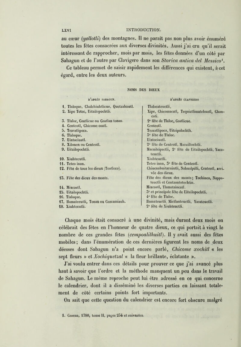 au cœur (yollotli) des montagnes. Il ne paraît pas non plus avoir énuméré toutes les fêtes consacrées aux diverses divinités. Aussi j’ai cru qu’il serait intéressant de rapprocher, mois par mois, les fêtes données d’un côté par Saliagun et de l’autre par Clavigero dans son Storica antica del MessicoK Ce tableau permet de saisir rapidement les différences qui existent, à cet égard, entre les deux auteurs. NOMS DES DIEUX d’après sahagün. 1. Tlaloque, Chalcliiuhtlicue, Quetzalcoatl. 2. Xipe Totee, Uitzilopochtli. 5. TIaloc, Coatlicueou Coallan tonaii. 4. Centcotl, Chicóme coati. 5. Tezcallipoca. 6. Tlaloque. 7. Uixtociuatl. 8. Xilonen ou Cenleotl. 9. Uitzilopochtli. 10. Xiuhtecutli. 11. Teteo inan. 12. Fête de tous les dieux (Teotleco). 13. Fête des dieux des monts. 14. Mixcoall. 15. Uitzilopochtli. 16. Tlaloque. 17. llamatecutli, Tonan ou Cozcamiauh. 18. Xiuhtecutli. d’après clavigero TIalocateuctIi. Xipe, ChicomacatI, TequiztlimatehuatI, Chan- co ti. 2' fête de TIaloc, Coatlicue. Centeotl. Tezcallipoca, Uitzipolochtii. 3° fête de TIaloc. Uixtociuatl. 2° fête de Centeotl, Macuiltochtli. Macuilcipactli, 2° fête de Uitzilopochtli, Yaca- teuctli. Xiuhteuctii. Teteo inan, 3° fête de Centeotl. Chiucnahuitzcuintli, Nahualpilli, Centeotl, arri- vée des dieux. Fête des dieux des monts; Tochinco, Nappa- teuctli et Centzontotochtin. Mixcoatl, Tlamatzincatl. 3° et principale fête de Uitzilopochtli. 4° fêle de TIaloc. Ilamateuctii, Eictlantcuctli, Yacateuctli. 2° fête de Xiuhteuctii. Chaque mois était consacré à une divinité, mais durant deux mois on célébrait des fêtes en l’honneur de quatre dieux, ce qui portait à vingt le nombre de ces grandes fêtes {cempoalühuill). 11 y avait aussi des fêtes mobiles ; dans l’énumération de ces dernières figurent les noms de deux déesses dont Sahagun n’a point encore parlé. Chicóme xochitl « les sept fleurs » et Xochiquetzal « la fleur brillante, éclatante ». J’ai voulu entrer dans ces détails pour prouver ce que j’ai avancé plus haut à savoir que l’ordre et la méthode manquent un peu dans le travail de Sahagun. Le même reproche peut lui être adressé en ce qui concerne le calendrier, dont il a disséminé les diverses parties en laissant totale- ment de côté certains points fort importants. On sait que cette question du calendrier est encore fort obscure malgré 1. Ceseiia, 1780, turne II, pa¡;es 234 et suivantes.