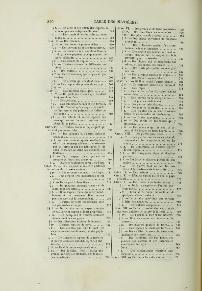 5 6. — Des cerfs el des différentes espèces de chiens que ces indigènes élevaient 687 J. 7. — Des souris et autres animaux sem blables 689 Ch AP. II. — Des oiseaux 690 S l'. — Des oiseaux à plumes riches 690 S 2. — Des perroquets et des Izinzonme.. 692 S 3- — Des oiseaux qui vivent dans l’eau ou qui y accomplissent quelques-unes de leurs habitudes 694 S 4. — Des oiseaux de rapine 702 Sa. — D’autres oiseaux de différentes es- pèces 705 S 6. — Des cailles 707 S 7. — Des étourneaux, geais, pies et pa- lombes 707 S 8. — Des oiseaux qui chantent bien 708 S 9. — Des coqs et des poules de ce pays.. 709 S 10. — 710 Chap. III. — Des animaux aquatiques 710 S 1'^- — De quelques oiseaux qui habitent toujours dans l’eau 710 S 2. — Des poissons 710 S 3. —Des écrevisses de mer et des tortues. 71 S 4. — De l’animal qu’on appelle armado; de l’iguana et des poissons de rivière ou de lagune 712 S 5. — Des têtards et autres reptiles des eaux qui servent de nourriture aux indi- gènes de ce pays 713 CilAP. IV. — D’autres animaux aquatiques qui ne sont pas comestibles 714 S — Des caïmans et d’autres animaux semblables 714 S 2. — D’un animal appelé auitzotl ou ahuitzoil remarquablement monstrueux par sa forme et par ses habitudes. Il vit dans les étangs ou dans les conduits des fontaines 715 S 3. — D’un serpent d’eau qui est un monstre de férocité et d’œuvres 716 S 4.—D’autres couleuvres et reptiles d’eau. 717 Chap. V. — Des serpents et d’autres animaux terrestres de divemes espèces 717 J l®'. —Des serpents venimeux. De l’aspic. 717 5 2. —D’un serpent très monstrueux et très féroce 718 S 3. —Du serpent à deux têtes ... 719 54. — De quelques serpents cornus et de leurs monstruosités 720 S 5. — D’un serpent d’une grandeur mons- trueuse et très venimeux. D'autres ser- pents encore qui lui ressemblent 721 SI 6. — D’autres serpents monstrueux avec des propriétés étranges 722 [S 7. — De certains autres serpents mons- trueux par leur aspect et leurs propriétés. 723 S 8. — Des scorpions et d’autres animaux comme sont les araignées 723 S 9. — Des différentes espèces de fourmis.. 724 S 10. — D’autres reptiles du pays 725 S 11. — Des abeilles qui font le miel (les espèces en sont nombreuses), et des papil- lons 726 i 12.— De différentes espèces de sauterelles et autres animaux semblables, et des che- nilles 726 § 13. — De différentes espèces de vers 727 3 14. — Des lucioles, dont il existe une grande variété; des mouches, des taons et des moustiques 728 Chap. VI. — Des arbres et de leurs propriétés. 709 S l'®. — Des caractères des montagnes 799 S 2. — Des plus grands arbres 739 S 3. — Des arbres sylvestres de moyenne grandeur 739 S 4. — Des différentes parties d’un arbre, comme racines et branches 732 S 3. — Des arbres qui restent sur pied ou gisent étendus sur le sol, et du bois travaillé pour construire 732 S 6. — Des choses qui se rapportent aux arbres, et des arbres eux-mêmes 733 S 7. — Des fruits plus petits, comme pru- nes, etc 734 S 8. — Des diverses espèces de tunas 735 S 9. — Des racines comestibles 736 Chap. VII. — Où il est Iraité d’autres plantes.. 737 S 1®'. — De certaines plantes qui enivrent. 737 S 2. — Des cèpes 733 S 3. — Des herbes qu’on fait cuire comme comestibles 739 S 4. — Des herbes qu’on mange crues 740 S 5. — Des plantes médicinales 743 S 6. — Des pierres médicinales 763 S 7. — Des plantes odorantes 765 S 8. — Des plantes qui ne sont ni comes- tibles, ni médicinales, ni vénéneuses.... 766 S 9. — Des plantes sauvages 768 S 10. — Des forêts et des arbres qui y croissent 76g Sic — Des arbustes qui ne sont ni ar- bres, ni herbes, et de leurs fleurs 770 Chap. VIII. — Des pierres précieuses 771 S l'- —Des pierres précieuses en général; comment on les cherche et où on les trouve 771 S 2. — De l’émeraude et d’autres pierres de son espèce 772 S 3. — Des turquoises fines et d’autres pierres 772 S 4. — Du jaspe et d’autres pierres de son espèce 773 S 5. — Des pierres dont on fait les mi- roirs et les instruments tranchants 774 Chap. IX. — Des métaux 775 Chap. X. — D’autres choses utiles que le pays produit 777 Chap. XI. — Des couleurs de toutes sortes... 778 S 1''. — De la cochenille et d’autres cou- leurs fines 77g S 2. — D’un autre rouge moins fin et de quelques autres couleurs 77g S 3- — De certains matériaux qui servent à faire des couleurs 779 S 4. — Des couleurs composées 779 Chap. XII. — De la diversité des eaux et de plusieurs qualités de nature delà terre 780 S 1. — De l'eau de la mer et des rivières. 780 S 2. — De divers noms de rivières et de sources 781 S 3. — Des diverses qualités de terre 782 S 4. — Des espèces de mauvaise terre 783 § 5. — Des variétés diverses de terre pour fabriquer des jarres, etc 784 5 6. — Des hauteurs, des bas fonds, des plaines, des coteaux et des principales montagnes du pays 783 Nota 785 5 7. — Des particularités relatives aux chemins 788 Chap. XIII. — De toutes les subsistances 791