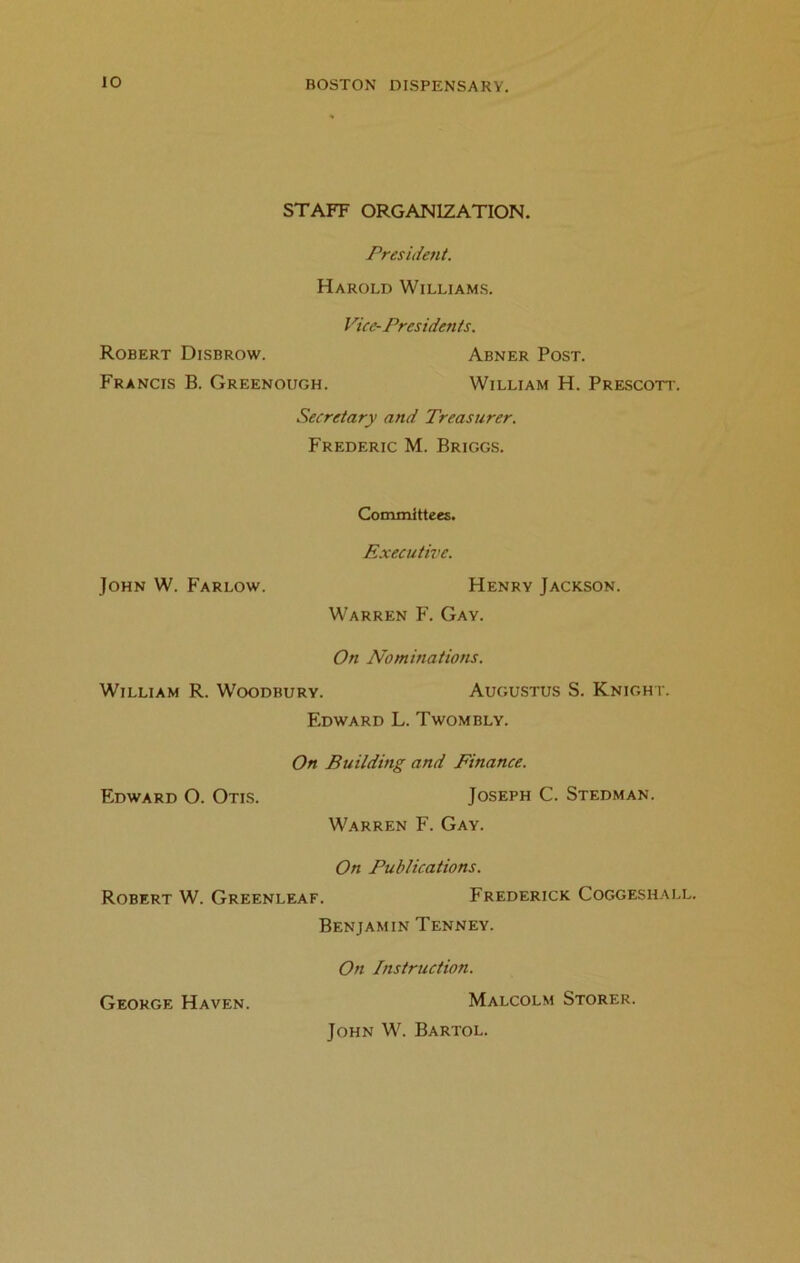 IO STAFF ORGANIZATION. President. Harold Williams. Vice-Presidents. Robert Disbrow. Abner Post. Francis B. Greenough. William H. Prescott. Secretary and Treasurer. Frederic M. Briggs. Committees. Executive. John W. Farlow. Henry Jackson. Warren F. Gay. On Nominations. William R. Woodbury. Augustus S. Knight. Edward L. Twombly. On Building and Finance. Edward O. Otis. Joseph C. Stedman. Warren F. Gay. On Publications. Robert W. Greenleaf. Frederick Coggeshall. Benjamin Tenney. George Haven. On Instruction. Malcolm Storer. John W. Bartol.