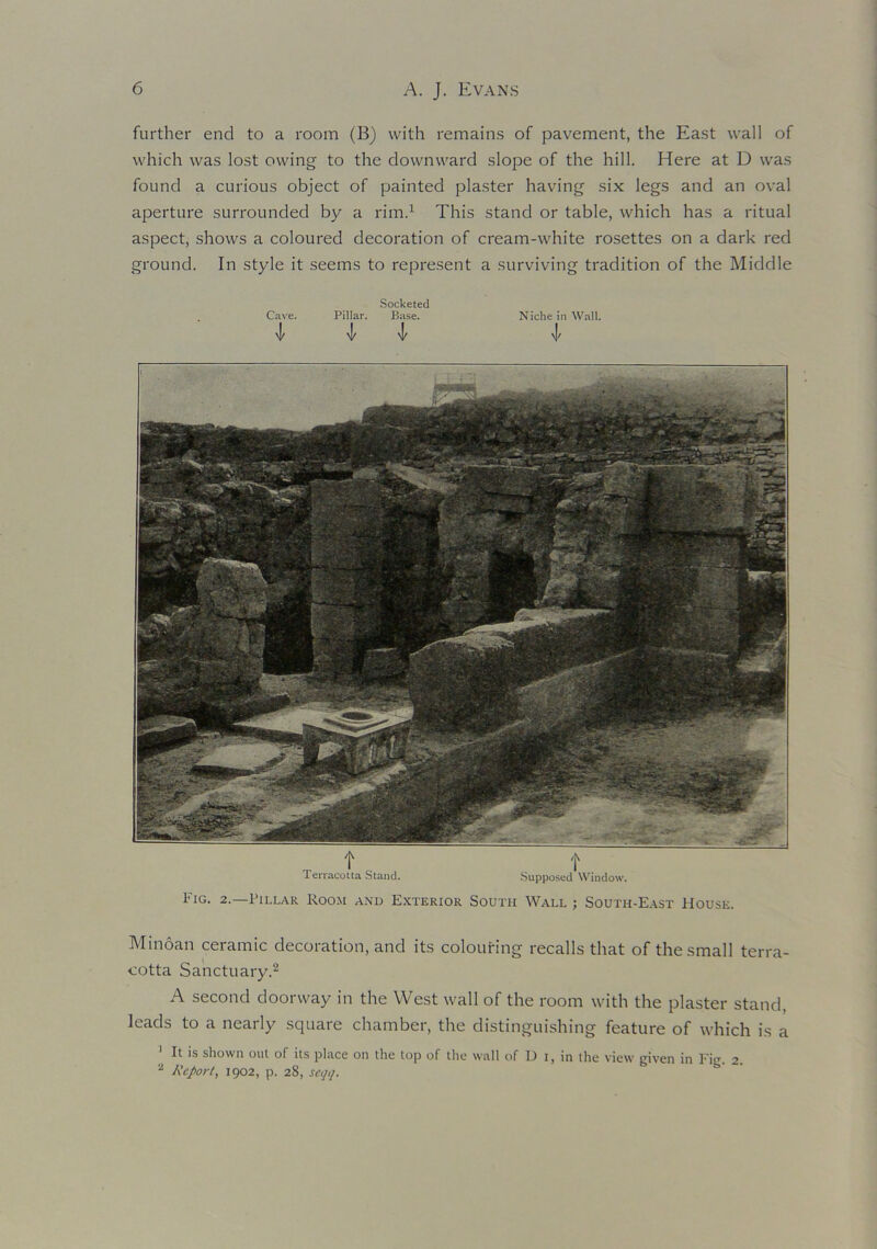 further end to a room (B) with remains of pavement, the East wall of which was lost owing to the downward slope of the hill. Here at D was found a curious object of painted plaster having six legs and an oval aperture surrounded by a rim.1 This stand or table, which has a ritual aspect, shows a coloured decoration of cream-white rosettes on a dark red ground. In style it seems to represent a surviving tradition of the Middle Socketed Cave. Pillar. Base. Niche in Wall. 'I '14' \|' f t Terracotta Stand. Supposed Window. Fig. 2.—Pillar Room and Exterior South Wall ; South-East House. Minoan ceramic decoration, and its colouHng recalls that of the small terra- cotta Sanctuary.2 A second doorway in the West wall of the room with the plaster stand, leads to a nearly square chamber, the distinguishing feature of which is a 1 It is shown out of its place on the top of the wall of D i, in the view given in Fig. 2. 2 Report, 1902, p. 28, seqq.