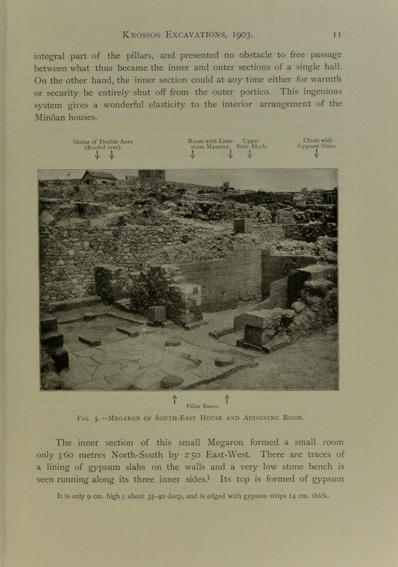 integral part of the pillars, and presented no obstacle to free passage between what thus became the inner and outer sections of a single hall. On the other hand, the inner section could at any time either for warmth or security be entirely shut off from the outer portico. This ingenious system gives a wonderful elasticity to the interior arrangement of the Minoan houses. Shrine of Double Axes (Roofed over). \I/ i Room with Lime- stone Masonry. Upper Stair Block. I Closet with Gypsum Slabs. t . f Pillar Bases. Fig. 5. —Megaron ok South-East House and Adjoining Room. The inner section of this small Megaron formed a small room only 3-6o metres North-South by 2-5o East-West. There are traces of a lining of gypsum slabs on the walls and a very low stone bench is seen running along its three inner sides.1 Its top is formed of gypsum It is only 9 cm. high ; about 35-40 deep, and is edged with gypsum strips 14 cm. thick.