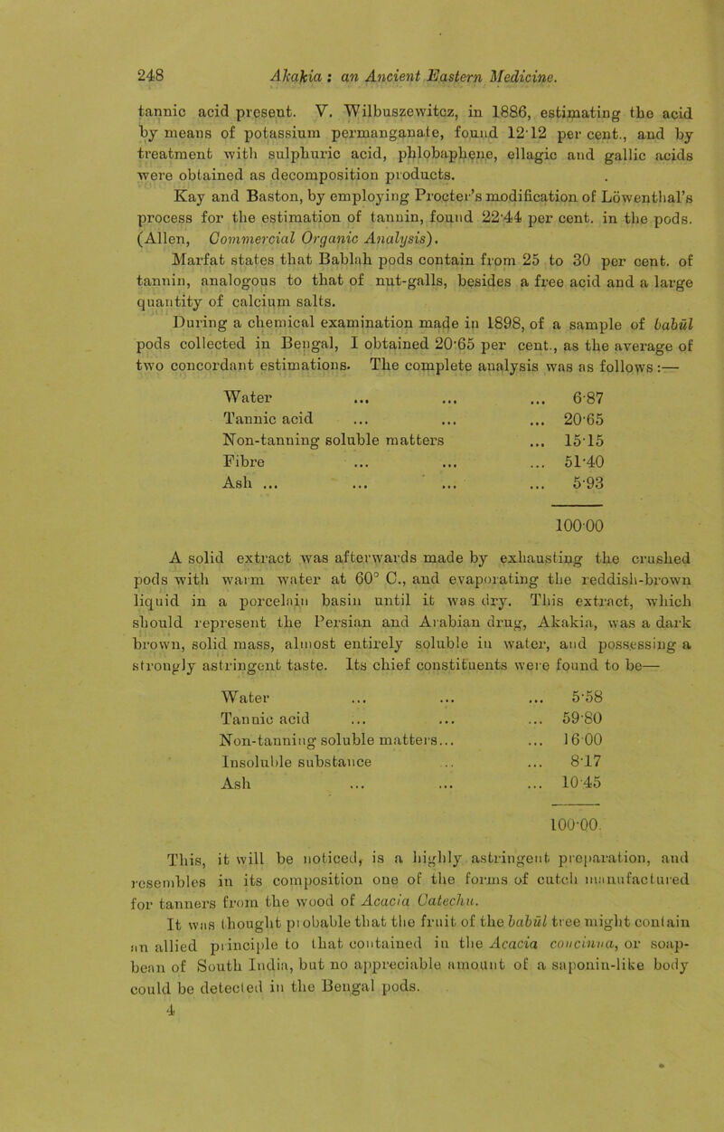 tannic acid present. V. Wilbuszewitcz, in 1886, estimating the acid by means of potassium permanganate, found 12-12 per cent., and by treatment with sulphuric acid, phlobaphene, ellagic and gallic acids were obtained as decomposition products. Kay and Baston, by employing Procter’s modification of Lowenthal’s process for the estimation of tannin, found 22'44 per cent, in the pods. (Allen, Commercial Organic Analysis). Marfat states that Bablah pods contain from 25 to 30 per cent, of tannin, analogous to that of nut-galls, besides a free acid and a large quantity of calcium salts. During a chemical examination made in 1898, of a sample of babul pods collected in Bengal, I obtained 20-65 per cent., as the average of two concordant estimations. The complete analysis was as follows:— Water ... 6-87 Tannic acid ... 20-65 Non-tanning soluble matters ... 15-15 Fibre ... 51-40 Ash ... ... 5-93 10000 A solid extract was afterwards made by exhausting the crushed pods with warm wafer at 60° C., and evaporating the reddish-brown liquid in a porcelain basin until it was dry. This extract, which should represent the Persian and Arabian drug, Akakia, was a dark brown, solid mass, almost entirely soluble in water, and possessing a strongly astringent taste. Its chief constituents were found to be— Water ... 5-58 Tannic acid ... 59-80 Non-tanning soluble matters... ... 1600 Insoluble substance ... 8-17 Ash ... 10-45 100-00. This, it will be noticed, is a highly astringent preparation, and resembles in its composition one of the forms of catch manufactured for tanners from the wood of Acacia Catechu. It was thought probable that the fruit of the babul tree might contain an allied principle to that contained in the Acacia coucinva, or soap- bean of South India, but no appreciable amount of a saponin-like body could be detected in the Bengal pods. 4