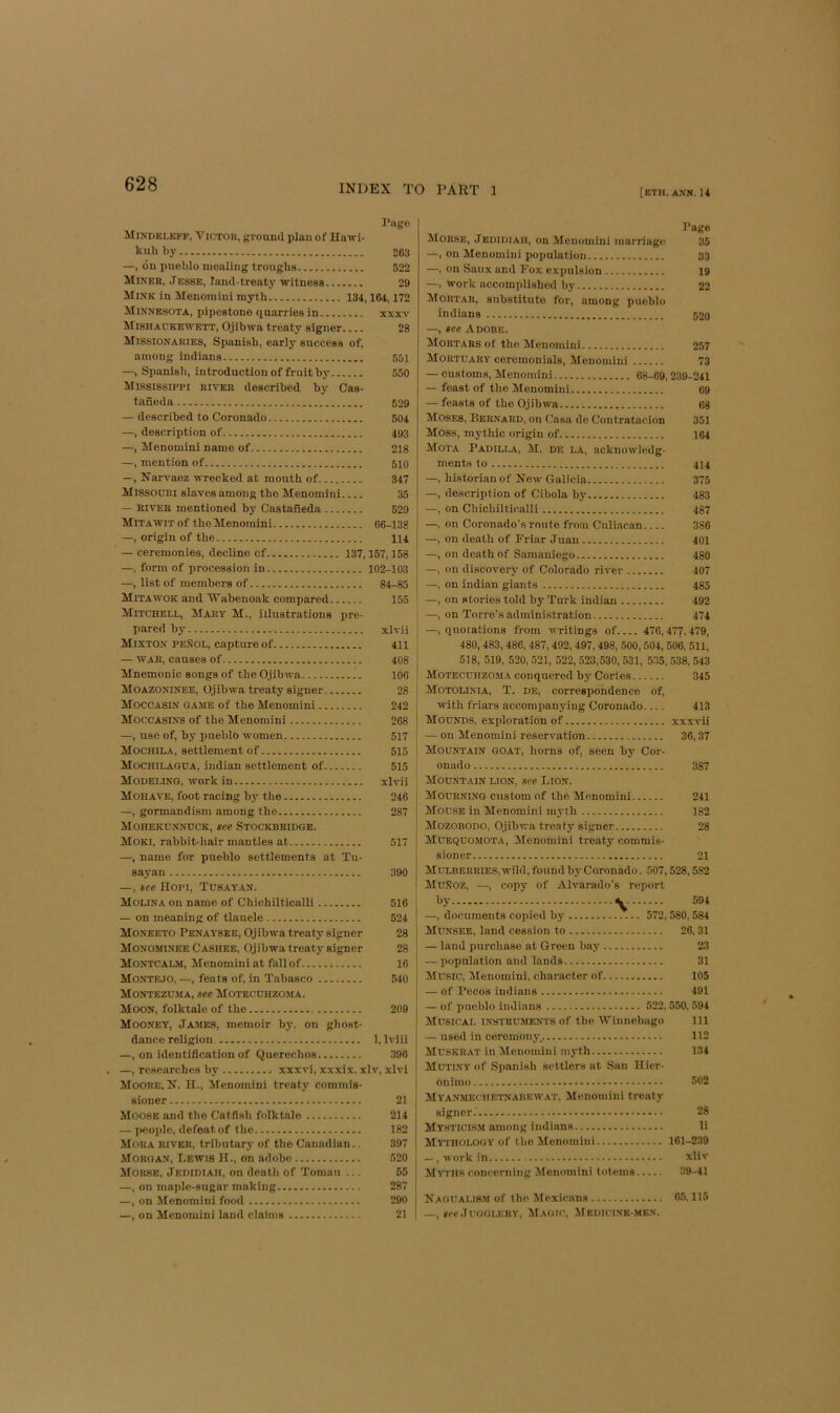[ETH. ANN. U Pago AIindeleff, VICTOK, ground ploii of Hnwi- kuh by 263 —, on pueblo monling troughs 522 Miner, Jesse, land-trenty witness 29 Mink in Menoinini myth 134,164,172 Minnesota, pipestone quarries in xxxv Mishaukewett, Ojibwa treaty signer 28 Missionaries, Spanish, early success of, among Indians 551 —, Spanish, introduction of fruit by 550 Mississippi river described by Cas- taneda 529 — described to Coronado 504 —, description of 493 —, Menomini name of 218 —, mention of 510 —, Narvaez wrecked at month of 347 Missouri slaves among the Menomini 35 — RIVER mentioned by Castaneda 529 Mitawit of the Menomini 66-138 —, origin of the 114 — ceremonies, decline of 137,157,158 —, form of procession in 102-103 —, list of members of 84-85 MitaWOK and Vabenoak compared 155 Mitchell, Mary M., illustrations pre- pared by xlvii I Mixton peSol, capture of 4ii \ — WAR, causes of 408 [ Mnemonic songs of the Qjibwa 106 ' Moazoninee, Ojibwa treaty signer 28 i Moccasin game of the Menomini 242 Moccasins of the Menomini 268 —, use of, by pueblo women 517 Mochila, settlement of 515 I Mochilagua, Indian settlement of 515 Modeling, work in xlvii Mohave, foot racing by the 246 j —, gormandism among the 287 Mohekcnndck, see Stockbridge. I Moki, rabbit-hair mantles at 517 I —, name for pueblo settlements at Tu- sayan 390 —, see Hopi, Tusayan. Molina on name of Chichilticalli 516 — on meaning of tlauele 524 Moneeto Penay’see, Ojibwa treaty signer 28 Monoshnee Cashee, Ojibwa treaty signer 28 Montcalm, Menomini at fall of 16 Montejo. —, feats of. in Tabasco 540 Montezuma, see Motecuhzoma. Moon, folktale of the 209 Mooney, Ja.mes, memoir by. on ghost- dance religion 1, Iviii —, on identification of Querechos 396 —, researches by xxxvi, xxxix, xlv, xlvi Moore. N. II., ^Menomini treaty commis- sioner 21 Moose and the Catfish folktale 214 — peo|de, defeat of the 182 Mora river, tributary of the Canadian.. 397 Morgan, Lewis II., on adobe 520 Morse, Jedidiah, on death of Tomau ... 55 —, on maple-sugar making 287 —, on Menomini food 290 —, on Menomini land claims 21 Page Morse, Jedidiah, on Menomini marriage 35 —, on Menomini population 33 —, on Saux and Fox expulsion 19 —, work accomplished by 22 Mortar, substitute for, among pueblo indians 520 —, see Adobe. Mortars of the Menomini 257 Mortuary ceremonials, Menomini 73 — customs, Menomini 68-69,239-241 — feast of the Menomini 69 — feasts of the Ojibwa 68 Moses, Bernard, on Casa do Confratacion 351 Moss, mythic origin of 164 Mota Padilla, M. de la, acknowledg- ments to 414 —, historian of Now Galicia 375 —, description of Cibola by 483 —, on Chichilticalli 487 —. on Coronado’s route from Culiacan 386 —, on death of Friar Juan 401 —, on death of Samaniego 480 —, on discovery of Colorado river 407 —, on Indian giants 485 —, on stories told by Turk Indian 492 —, on Torre’s administration 474 \ —, quotations from writings of 476,477,479, I 480,483, 486, 487, 492, 497,498, 500,504, 506, 511, [ 518, 519, 520, 521, 522, 523,530, 531, 535, 538,543 ' Motecuhzoma conquered by Cortes 345 ( Motolinia, T. de, correspondence of, with friars accompanying Coronado 413 Mounds, exploration of xxxvii — on Menomini reservation 36,37 I Mountain goat, horns of, seen by Cor- onado 387 Mountain lion, see Lion. j Mourning custom of the 'Menomini 241 Mouse in Menomini myth 182 I Mozobodo, Ojibwa treaty signer 28 I Muequomota, Menomini treaty commis- sioner 21 Mulberries, wild, found by Coronado. 507,528,582 MuSoz, —, copy of Alvarado's report liy Y —, documents copied by 572,580,584 Munsee, land cession to 26, 31 — land purchase at Green bay 23 — population and lands 31 Music, Menomini, character of 105 — of Pecos Indians 491 — of inieblo indians 522, 550, 594 Musical instruments of the IVinnebago 111 — used in ceremony.. 112 Muskrat in ^lenomini mj'th 134 Mutiny of Spanish settlors at San Ilier- oninio 502 Myanmechetnabewat, Menomini treaty signer.' 28 Mysticism among indians li Mythology of the Jfenoniini 161-239 — , work in xliv Myths concerning itenomini totems 39-41 Naouai.ism of the Mexicans 65,115 —, »ce.luGGLERY, Magic, Medicine-men.
