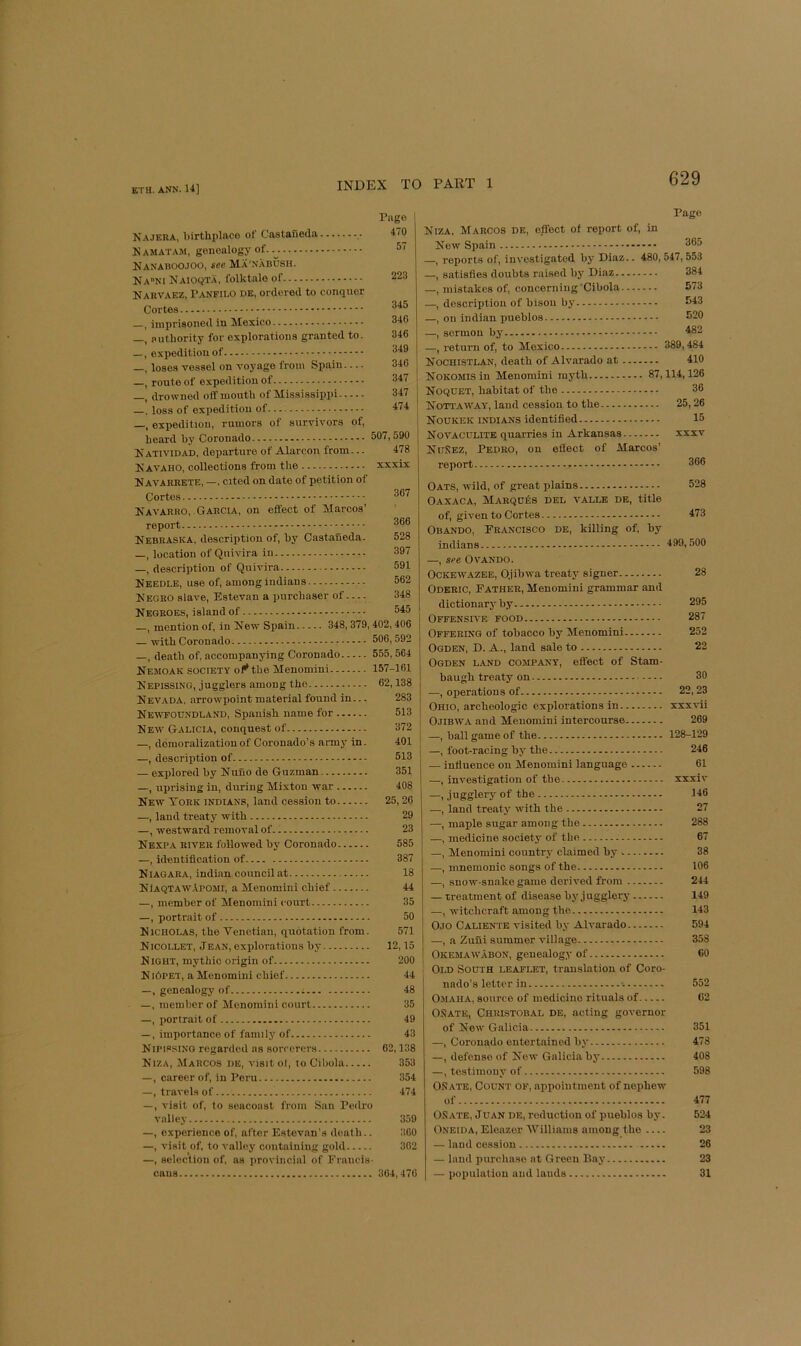 Najera, birthplace of Castaiieda Namatam, genealogy of. Nanaboojoo, see Ma'nabush. Nani Naioqta, folktale of Narvaez, P^vnfilo de, ordered to conquer Cortes. Page 470 57 22.3 345 346 349 340 347 347 474 367 366 528 397 591 562 348 545 imprisoned in Mexico 3-10 authority for explorations granted to. expedition of loses vessel on voyage from Spain route of expedition of drowned off mouth of Mississippi , loss of expedition of —, expedition, rumors of survivors of, heard by Coronado 507,590 Natividad, departure of Alarcon from... 478 Navaho, collections from the xxxix Navahrete, —, cited on date of petition of Cortes Navarro, Garcia, on effect of Marcos’ report Nebraska, description of, by Castaneda. —, location of Quivira in —, description of Quivira Needle, use of, among indians Negro slave, Estevan a purchaser of Negroes, island of , mention of, in New Spain 348,379,402,406 — with Coronado 306,592 , death of, accompanying Coronado 555,564 Nemoak society of^the Menomini 157-161 Nepissing, jugglers among the 62,138 Nevada, arrowpoint material found in... 283 Newfoundland, Spanish name for 513 New' Galicia, conquest of 372 —, demoralization of Coronado’s army in. 401 —, description of 513 — explored by Nnno do Guzman 351 —, uprising in, during Mixton war 408 New Tork Indians, land cession to 25,26 —, land treaty with 29 —, westward removal of 23 Nexpa river followed by Coronado 585 —, identification of 387 Niagara, indian council at 18 NiAQTAWAPOMi, a Menomini chief 44 —, member of Menomini court 35 —, portrait of 50 Nicholas, the Venetian, quotation from. 571 Nicollet, Jean, explorations by 12,15 Night, mythic origin of 200 Ni6pet, a Menomini chief 44 —., genealogy of 48 —, member of Menomini court 35 —, iiortrait of 49 —, importance of family of 43 Nipissing regarded ns sorcerers 62,138 Niza, Marcos de, visit ol, to Cibola 353 —, career of, in Peru 354 —, travels of 474 —, visit of, to seacoast from San Pedro valley 359 —, experience of, after Estevan's death.. 360 —, visit of, to valley containing gold 362 —, selection of, ns jirovincinl of Francis- cans 364,470 Page Niza, Marcos de, effect of report of, in New Spain 365 —, reports of, investigated by Diaz.. 480,547,553 —, satisfies doubts raised by Diaz 384 —, mistakes of, concerning'Cibola 573 —, description of bison by 543 —, on indian pueblos 520 —, sermon by ^32 —, return of, to Mexico 389,484 Nochistlan, death of Alvarado at 410 NoKOMisin Menomini myth 87,114,126 Noqdet, habitat of tbe 36 Nottaw'ay, land cession to the 25,26 Noukek INT5IANS identified 15 Novacclite quarries in Arkansas xxxv Nunez, Pedro, on effect of Marcos’ report 366 Oats, wild, of great plains 528 Oaxaca, Marques del valle de, title of, given to Cortes 473 Obando, Francisco de, killing of, by indians 499,500 —, see OvANDO. OcKEW'AZEE, Ojibwa treaty signer 28 Oderic, Father, Menomini grammar and dictionary by 295 Offensive food 287 Offering of tobacco by Menomini 252 Ogden, D. A., land sale to 22 Ogden land company, effect of Stam- baugh treaty on 30 —, operations of 22,23 Ohio, arcbeologic explorations in xxxvii Ojibwa and Menomini intercourse 269 —, ball game of the 128-129 —, foot-racing by the 246 — influence on Menomini language 61 —, investigation of the xxxiv —, jugglery of the 146 —, land treaty with the 27 —, maple sugar among the 288 —, medicine society of the 67 —, Menomini country claimed by 38 —, mnemonic songs of the 106 —, snow-snake game derived from 244 — treatment of disease by jugglery 149 —, w'itchcraft among tbe 143 Ojo Calientb visited by Alvarado 594 —, a Zuui summer village 358 Okemawabon, genealogy of 60 ! Old South leaflet, translation of Coro- nado’s letter in -. 552 Omaha, source of medicine rituals of 62 OSate, Christobal de, acting governor of New Galicia 351 —, Coronado entertained by 478 —, defense of New Galicia by 408 —, testimony of 598 OSate, Count of, appointment of nephew of 477 OSate, Juan de, reduction of pueblos by. 524 Oneida, Eleazer 'Williams among the 23 — land cession 26 — land purchase at Green Bay 23 — population and lands 31