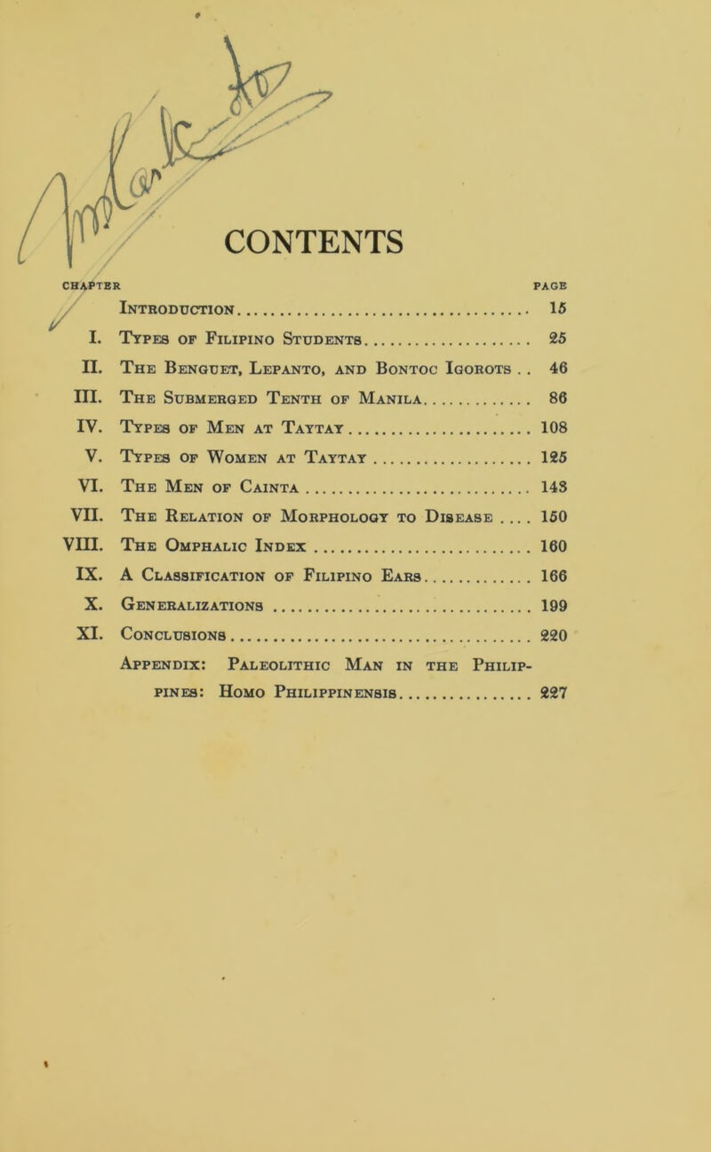 # CHAPTER PAGE Introduction 15 I. Types of Filipino Students 25 II. The Benquet, Lepanto, and Bontoc Igorots . . 46 III. The Submerged Tenth of Manila 86 IV. Types of Men at Taytay 108 V. Types of Women at Taytay 125 VI. The Men of Cainta 14S VII. The Relation of Morphology to Disease .... 150 VIII. The Omphalic Index 160 IX. A Classification of Filipino Ears 166 X. Generalizations 199 XI. Conclusions 220 Appendix: Paleolithic Man in the Philip- pines: Homo Philippinensis 227