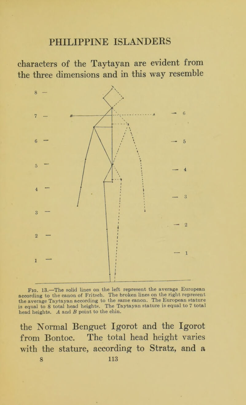 characters of the Taytayan are evident from the three dimensions and in this way resemble Fig. 13.—The solid lines on the left represent the average European according to the canon of Fritsch. The broken lines on the right represent the average Taytayan according to the same canon. The European stature is equal to 8 total head heights. The Taytayan stature is equal to 7 total head heights. A and B point to the chin. the Normal Benguet Igorot and the Igorot from Bontoc. The total head height varies with the stature, according to Stratz, and a