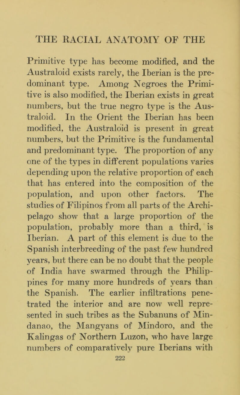 Primitive type lias become modified, and the Australoid exists rarely, the Iberian is the pre- dominant type. Among Negroes the Primi- tive is also modified, the Iberian exists in great numbers, but the true negro type is the Aus- traloid. In the Orient the Iberian has been modified, the Australoid is present in great numbers, but the Primitive is the fundamental and predominant type. The proportion of any one of the types in different populations varies depending upon the relative proportion of each that has entered into the composition of the population, and upon other factors. The studies of Filipinos from all parts of the Archi- pelago show that a large proportion of the population, probably more than a third, is Iberian. A part of this element is due to the Spanish interbreeding of the past few hundred years, but there can be no doubt that the people of India have swarmed through the Philip- pines for many more hundreds of years than the Spanish. The earlier infiltrations pene- trated the interior and are now well repre- sented in such tribes as the Subanuns of Min- danao, the Mangyans of Mindoro, and the Kalingas of Northern Luzon, who have large numbers of comparatively pure Iberians with