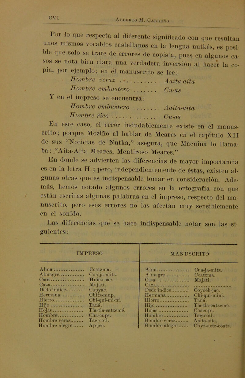 Por lo que respecta al diferente significado con que resultan unos mismos vocablos castellanos en la lengua nutkés, es posi- ble que solo se trate de errores de copista, pues en algunos ca- sos se nota bien clara una verdadera inversión al hacer la co- pia, por ejemplo; en el manuscrito se lee: Hombre veraz . r Aaita-aita Hombre embustero Cu-as 1 en el impreso se encuentra: Hombre embustero Aaita-aita Hombre rico Cu-as En este caso, el error indudablemente existe en el manus- crito; porque Moziño al hablar de Meares en el capítulo XIT de sus “Noticias de Nutka,” asegura, que Macuina lo llama- ba: “Aita-Aita Meares, Mentiroso Meares.” En donde se advierten las diferencias de mayor importancia es en la letra H.; pero, independientemente de éstas, existen al- gunas otras que es indispensable tomar en consideración. Ade- más, hemos notado algunos errores en la ortografía con que están escritas algunas palabras en el impreso, respecto del ma- nuscrito, pero esos errores no las afectan muy sensiblemente en el sonido. Las diferencias que se hace indispensable notar son las si- guientes : Alma , Almagre Casa Caza Dedo índice Hermana Hierro Hijo Hojas Hombre Hombre veraz.. Hombre alegre IMPRESO MANUSCRITO Coatzma. Cua-ja-mitz. Huic-coae. Majati. Capyac. Chitz-mup. Chi-qui-mi-ni. Tana. Tla-tla-catzemé. Cha-cups. Tag-eotl. Ap-jec. Alma Almagre Casa Caza Dedo índice.... Hermana Hierro Hijo Hojas Hombre Hombre veraz.. Hombre alegre Cua-ja-mitz. Coatzma. Majati. Covoeh-jac. Chi-qui-mini. Tana. Tla-tla-catzemé. Chacups. Tag-cotl. Aaita-aita. Chyz-aetz-coatz