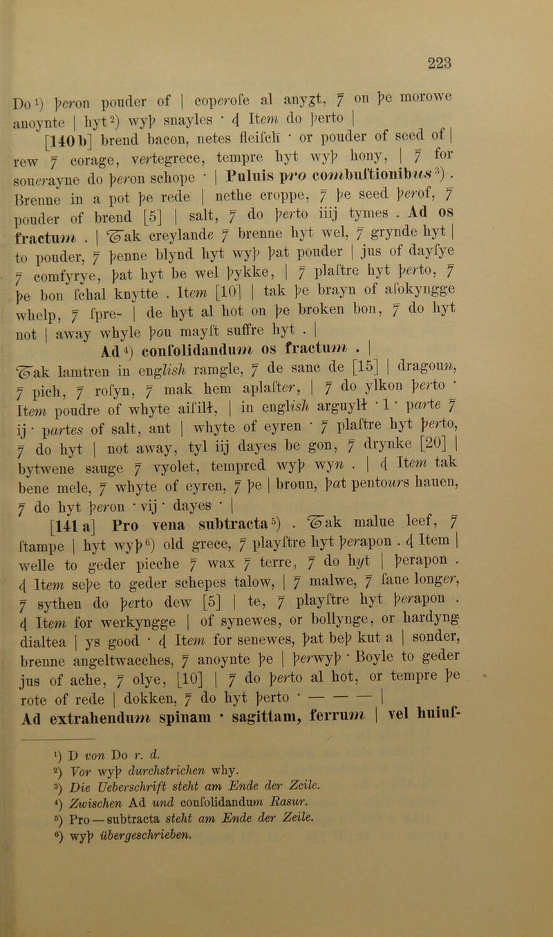 Do1) perem pouder of | coperofe al anygt, 7 on ]?e morowe anoynte | liyt2 3) wy]? snayles * 4 Item do ]?erto | [140 b] brend bacon, netes fleifcb * or pouder of seed of | rew 7 corage, vertegrece, tempre hyt wy]? hony, | 7 for souerayne do peron scbope * | Piiluis pro combultionilms*). Brenne in a pot }?e rede | netbe croppe, 7 }?e seed }?erof, 7 pouder of brend [5] | salt, 7 do perto iiij tymes . Ad os fr actum . | ^ak creylande 7 brenne byt wel, 7 grynde hyt | to pouder, 7 }?enne blynd byt wy]? ]?at pouder | jus of dayfye 7 comfyrye, }?at byt be wel ]?ykke, | 7 plaftie hyt }?e?to, 7 pe bon* fchal knytte . Item [10] | tak ]?e brayn of afokyngge wbelp. 7 fpre- | de byt al bot 011 }?e broken bon, 7 do byt not | away whyle pou mayft suffre byt . | Ad4) confolidandum os fractum . | Wak lamtren in english ramgle, 7 de sanc de [15] | diagouw, 7 pich, 7 rofyn, 7 mak bem aplafter, | 7 do ylkon perto j Item poudre of wbyte aifill, | in engks/& arguyll * 1' parte 7 ij • partes of salt, ant | wbyte of eyren * 7 plaftre hyt perto, 7 do byt | not away, tyl iij dayes be gon, 7 drynke [20] | bytwene sauge 7 yyolet, tempred wy]? wyn . | 4 Item tak bene mele, 7 wbyte of eyren, 7 }?e | broun, pat pentoars bauen, 7 do byt peron * vij * dayes * | [141 a] Pro yena subtracta5) . Wak malue leef, 7 ftampe | byt wy]?6) old grece, 7 playftre byt ]?erapon . 4 Item | welle to geder picche 7 wax 7 terre, 7 do b^/t | }?erapon . 4 Item se]?e to geder scbepes talow, | 7 malwe, 7 faue longer, 7 sytben do }?erto dew [5] | te, 7 playftre hyt ]?erapon . 4 Item for werkyngge | of synewes, or bollynge, or bardyng dialtea | ys good • 4 Item for senewes, ]?at be}? kut a | sonder, brenne angeltwaccbes, 7 anoynte ]?e | ]?erwy]? * Boyle to geder jus of acbe, 7 olye, [10] | 7 do perto al bot, or tempre pe rote of rede | dokken, 7 do byt }?erto * I Ad extraliendum spinain • sagitlani, ferrum | vel lmiuf- x) D von Do r. d. 2) Vor wyj? durchstrichen why. 3) Die Ueberschrift steht am Ende der Zeile. *) Zivischen Ad und confolidandum Rasur. ß) pro — gubtracta steht am Ende der Zeile. 6) wyf üb er geschrieben.