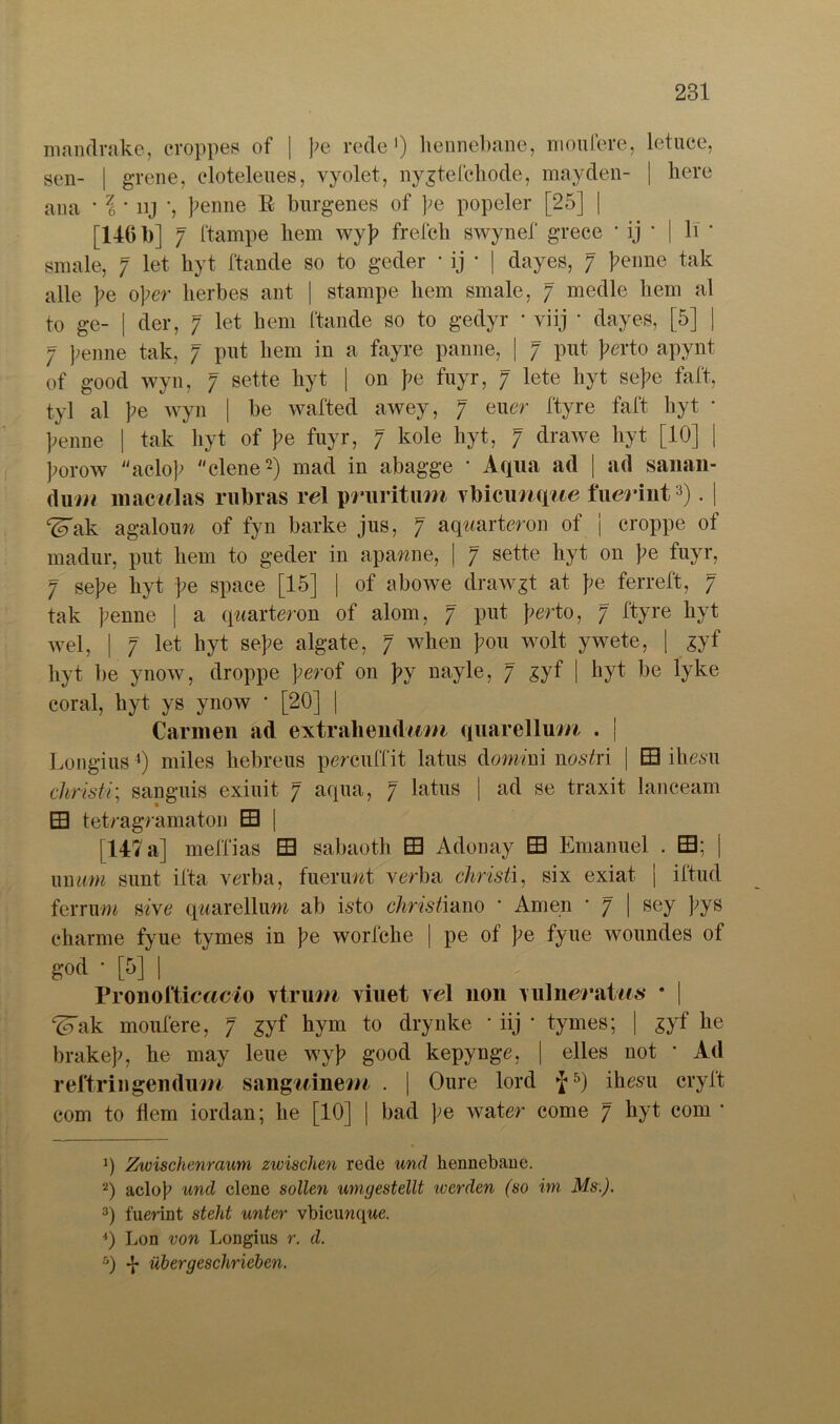 mandrake, croppes of | pe rede1) hennebane, moufere, letuce, sen- | grene, cloteleues, vyolet, nygtefchode, mayden- | liere ana * 6 * nj penne R burgenes of pe popeier [25] | [146 b] 7 ftampe hem wyp frefch swynef grece • ij * | li' ' smale, 7 let hyt ftande so to geder • ij • | dayes, 7 penne tak alle pe Oper herbes ant | stampe hem smale, 7 medle hem al to ge- | der, 7 let hem ftande so to gedyr * viij * dayes, [5] | 7 penne tak, 7 put hem in a fayre panne, | 7 put perto apynt of good wyn, 7 sette hyt | on pe fuyr, 7 lete hyt sepe faft, tyl al pe wyn | be wafted awey, 7 euer ftyre faft hyt * penne | tak hyt of pe fuyr, 7 kole hyt, 7 drawe hyt [10] | porow aclop clene2 3) mad in abagge * Aqua ad | ad sanan- dum macwlas rubras rel pruritum Tbicimqiee fueHnt:}). | ^ak agalouw of fyn barke jus, j aqwarteron of j croppe of madur, put hem to geder in aparnie, | 7 sette hyt on pe fuyr, 7 sepe hyt pe space [15] | of abowe drawgt at pe ferreft, 7 tak penne | a qwarteron of alom, 7 put perto, 7 Ityre hyt wel, | 7 let hyt sepe algate, 7 when pou wolt ywete, | gyf hyt be ynow, droppe perof on py nayle, 7 gyf | hyt be lyke coral, hyt ys ynow • [20] | Carmen ad extrahendwm quarellum . | Longius4) miles hebreus percuffit latus domim nostri | B ihesu christi; sanguis exiuit 7 aqua, 7 latus | ad se traxit lanceam ES tetragramaton B | [147 a] meffias B sabaoth B Adonay B Emanuel . B; | unum sunt ifta verba, fueruwt verba christi, six exiat | iftud ferruw sive quarellum ab isto christiano ' Amen * 7 | sey pys charme fyue tymes in pe worfche | pe of pe fyue woundes of god • [5] | Pronofticacio vtrum yiuet \el uon MÜneraius * | ^ak moufere, 7 gyf hym to drynke * iij * tymes; | gyf he brakep, he may leue wyp good kepynge, | eiles not • Ad reftringendum sangidnem . | Oure lord ►J5) ihesu cryft com to dem iordan; he [10] | bad pe water come 7 hyt com • 0 Zwischenraum zwischen rede und hennebane. 2) aclop und clene sollen umgestellt werden (so im Ms:). 3) fuerint steht unter vbicimqwe. 4) Lon von Longius r. d. 5) -J* übergeschrieben.