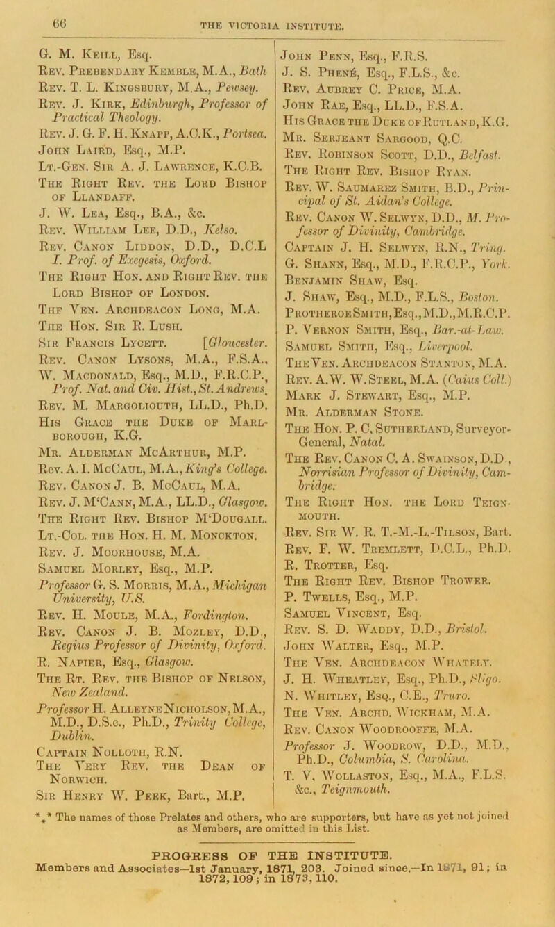 ()G John Penn, Esq., F.K.S. G. M. Keill, Esq. Rev. Prebendary Kemble, M. A., Bath Rev. T. L. Kingsbury, M.A., Pewsey. Rev. J. Kirk, Edinburgh, Professor of Practical Theology. Rev. J. G. E. H. Knapp, A.O.K., Portsea. John Laird, Esq., M.P. Lt.-Gen. Sir A. J. Lawrence, K.C.B. The Right Rev. the Lord Blsiiop OF Llandaff. J. W. Lea, Esq., B.A., &c. Rev. William Lee, D.D., Kelso. Rev. Canon Liddon, D.D., D.C.L I. Prof, of Exegesis, Oxford. The Right Hon. and Right Rev. the Lord Bishop of London. Thf Ven. Archdeacon Long, M.A. The Hon. Sir R. Lush. Sir Francis Lycett. [Gloucester. Rev. Canon Lysons, M.A., F.S.A.. W. M.vcdonald, Esq., M.D., F.R.C.P., /Vo/. Nat. and Civ. Hist,St. Andrews^ Rev. M. Margoliouth, LL.D., Ph.D. His Grace the Duke of Marl- borough, K.G. Mr. Alderman McArthur, M.P. Rev. A.I. McCaul, M..A..,King's College. Rev. Canon J. B. McCaul, M.A. Rev. j. M'Cann, M.A., LL.D., Glasgow. The Right Rev. Bishop M'Dougall. Lt.-Col. the Hon. H. M. Monckton. Rev. j. Moorhouse, M.A. Samuel Morley, Esq., M.P. Professor G. S. Morris, M. A., Michigan University, U.S. Rev. H. Moule, M.A., Fordington. Rev. Canon J. B. Mozley, D.D., Regius Professor of Divinity, Oxford. R. Napier, Esq., Glasgow. The Rt. Rev. the Bishop of Nelson, Neiv Zealand. Professor H. AlleyneNicholson, M.A., M.D., D.S.C., Ph.D., Trinity College, Dublin. Captain Nolloth, R.N. The Very Rev. the Dean of Norwich. Sir Henry W. Peek, Bart., M.P. J. S. Phen6, E.sq., F.L.S., &c. Rev. Aubrey C. Price, M.A. John Rae, Esq., LL.D., F.S.A. His Grace the Duke ofRutland, K.G. Mr. Serjeant Sargood, Q.C. Rev. Robinson Scott, D.D., Belfast. The Right Rev. Bishop Ryan. Rev. W. Saumarkz Smith, B.D., Prin- cipal of St. Aulan’s College. Rev. Canon W. Selwyn, D.D., M. l‘rn- fessor of Divinity, Cambridge. Captain J. H. Selwyn, R.N., Tring. G. SiiANN, Esq., M.D., F.R.C.P., York. Benjamin Shaw, Esq. J. Shaw, Esq., M.D., F.L.S., Boston. PROTIIEROESMlTH,Esq.,M.D.,M.R.C.P. P. Vernon Smith, Esq., ]lar.-at-Law. Samuel Smith, Esq., Liverpool. TiieVen. Archdeacon Stanton, M.A. Rev. A.W. W. Steel, M.A. {Caius Coll) Mark J. Stewart, Esq., M.P. Mr. Alderman Stone. The Hon. P. C. Sutherland, Surveyor- General, Natal. The Rev.Canon C. A. Swain.son,D.D , Non-isian Professor of Divinity, Cam- bridge. The Right Hon. the Lord Teign- MOUTH. Rev. Sir W. R. T.-M.-L.-Tilson, Bart. Rev. F. W. Tremlett, D.C.L., Ph.D. R. Trotter, Esq. The Right Rev. Bishop Trower. P. Twells, Esq., M.P. Samuel Vincent, Esq. Rev. S. D. Waddy, D.D., Bristol. John Walter, Esq., M.P. The Ven. Archdeacon Whatf.lv. J. H. Wheatley, E.sq., Ph.D., Sligo. N. Whitley, Esq., C.E., Truro. The Ven. Arcjid. Wickham, M.A. Rev. Canon Woodrooffe, M.A. Professor J. Woodrow, D.D., M.D., Ph.D., Columbia, S. Carolina. T. V. AVollaston, Esq., M.A., F.L.S. &c., Teignmouth. * TUo names of those Prelates and others, who are supporters, but have ns yet not joinoil as Members, are omitted in this List. PHOGBESS OP THE INSTITUTE. Members and Associates—1st January, 1871, 203. Joined since.—In 1871, 91; in 1872,109 ; in 1873,110.