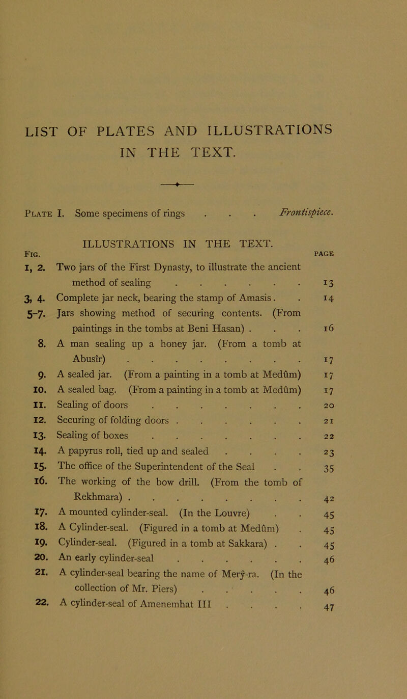 LIST OF PLATES AND ILLUSTRATIONS IN THE TEXT. —♦— Plate I. Some specimens of rings . . . Frontispiece. ILLUSTRATIONS IN THE TEXT. Fig. page I, 2. Two jars of the First Dynasty, to illustrate the ancient method of sealing . . . . . . 13 3,4. Complete jar neck, bearing the stamp of Amasis. . 14 5-7. Jars showing method of securing contents. (From paintings in the tombs at Beni Hasan) . . . 16 8. A man sealing up a honey jar. (From a tomb at Abusir) . . 17 9. A sealed jar. (From a painting in a tomb at Medftm) 17 10. A sealed bag. (From a painting in a tomb at Medum) 17 11. Sealing of doors 20 12. Securing of folding doors . . . . . . 21 13. Sealing of boxes . . . . . . . 22 14. A papyrus roll, tied up and sealed . . . . 23 15- The office of the Superintendent of the Seal . . 35 16. The working of the bow drill. (From the tomb of Rekhmara) 42 17. A mounted cylinder-seal. (In the Louvre) . . 45 18. A Cylinder-seal. (Figured in a tomb at Medfim) . 45 19. Cylinder-seal. (Figured in a tomb at Sakkara) . . 45 20. An early cylinder-seal 46 21. A cylinder-seal bearing the name of Mery-ra. (In the collection of Mr. Piers) 46 22. A cylinder-seal of Amenemhat III .... 47